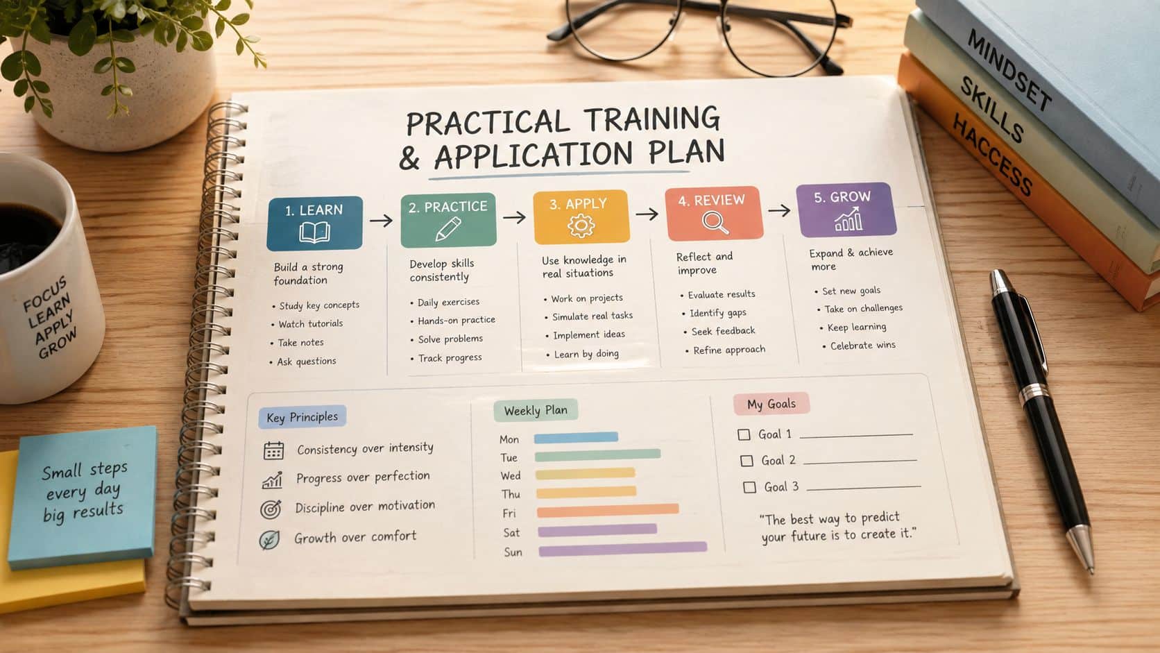 Multi Engine Pilot Jobs: Salary & Training Guide 4 A spiral notebook open on a wooden desk displaying a practical training and application plan infographic.
