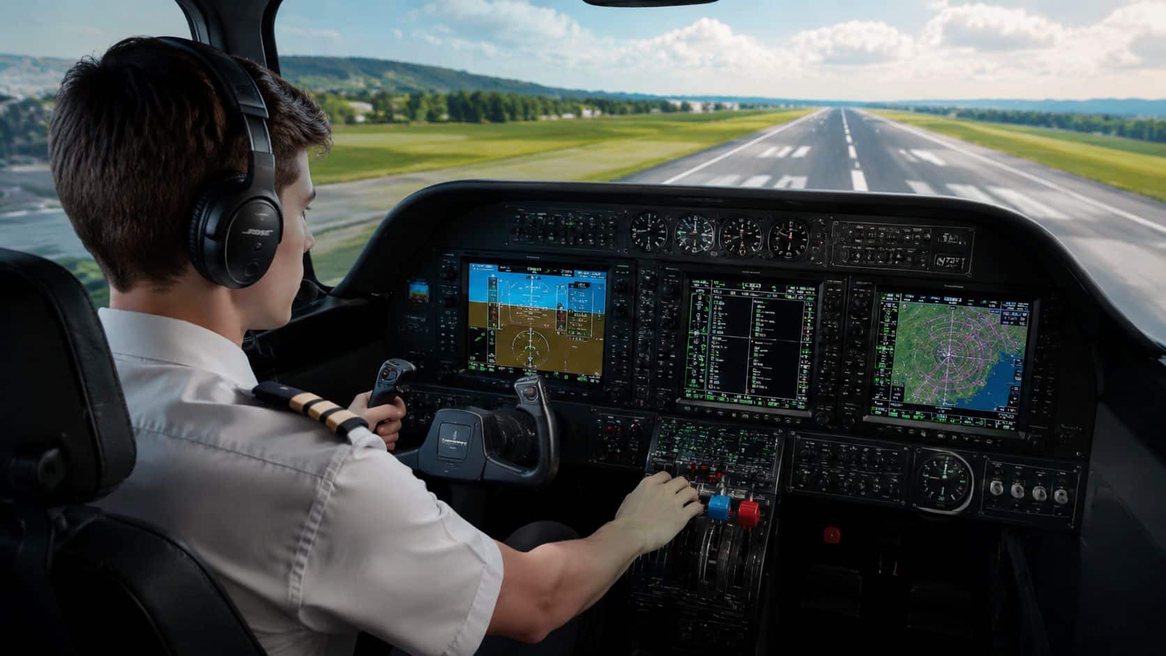 Multi-Engine Rating Course: What Pilots Should Know 2 A pilot sits in a cockpit looking out at a runway while operating the flight controls.