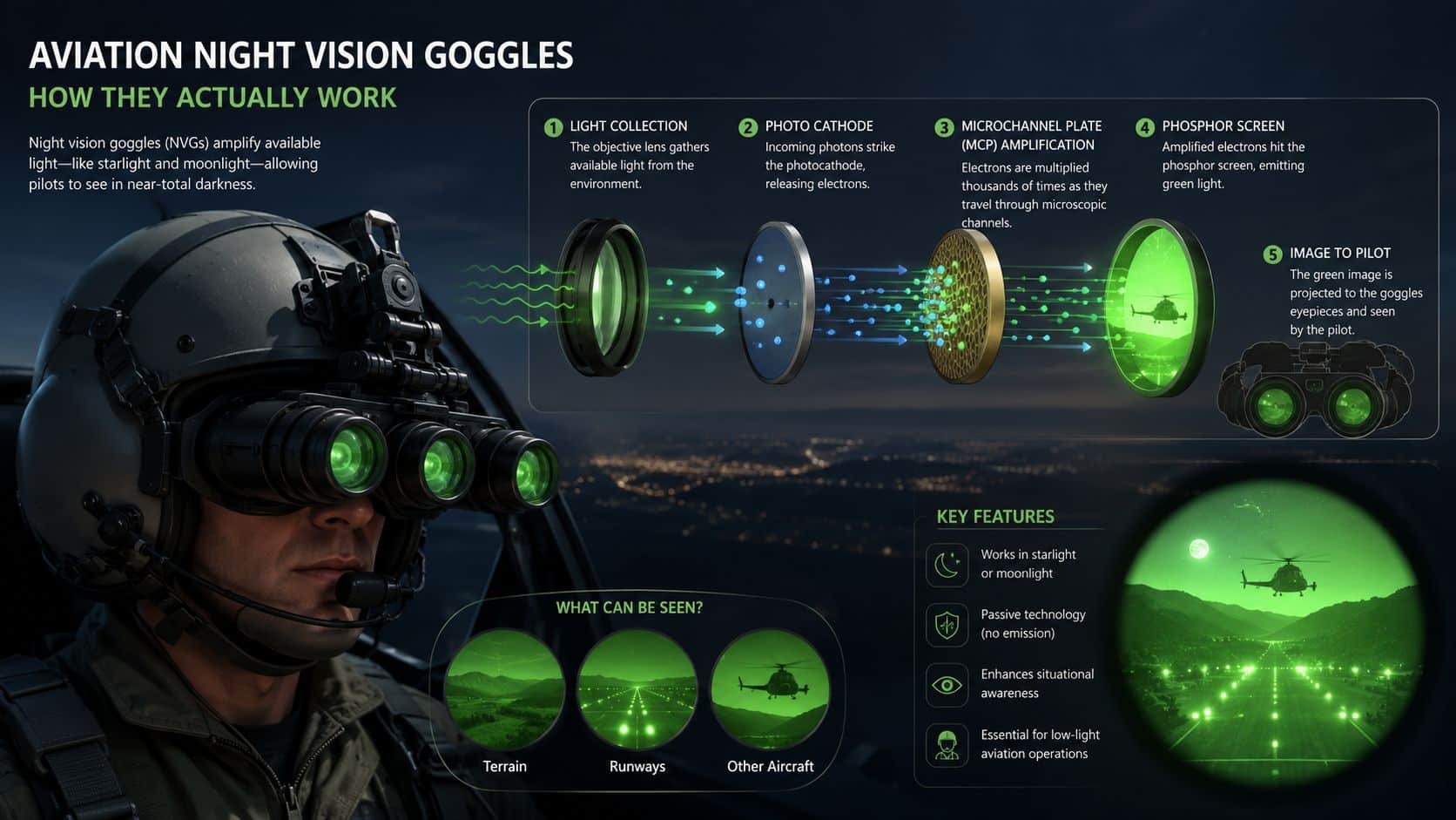 Night Vision Goggles for Pilots: A Practical Guide 2 An infographic diagram explaining how aviation night vision goggles use light collection and electron amplification to help pilots see.