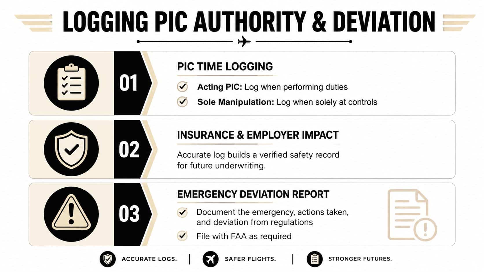 Pilot in Command Authority: A Pilot's Decision Guide 4 An infographic detailing pilot-in-command authority, logging procedures, insurance impacts, and emergency deviation reporting guidelines.