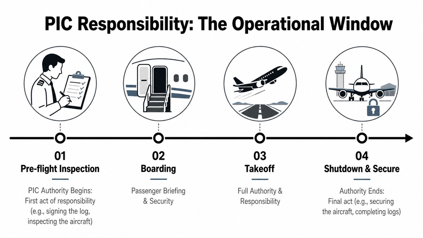 Pilot in Command Authority: A Pilot's Decision Guide 3 A timeline chart illustrating the Pilot in Command operational window from pre-flight inspection to aircraft shutdown.