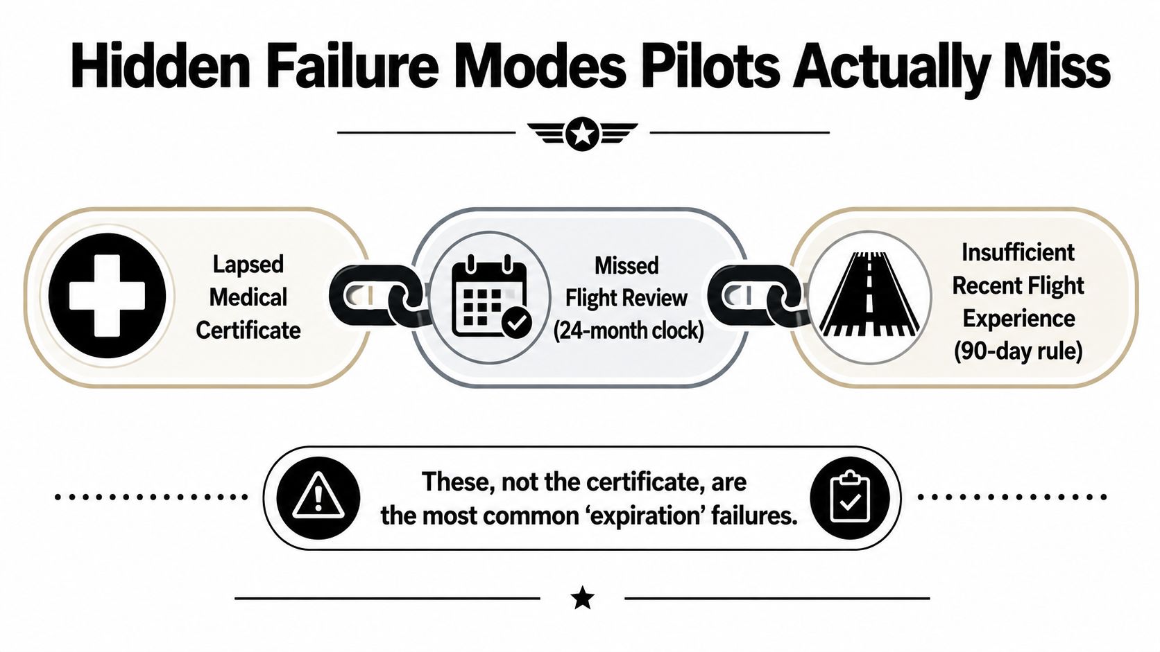 Private Pilot License Expiration: What It Really Means 4 An infographic detailing common pilot certification expiration failures including medical, flight review, and recent flight experience requirements.