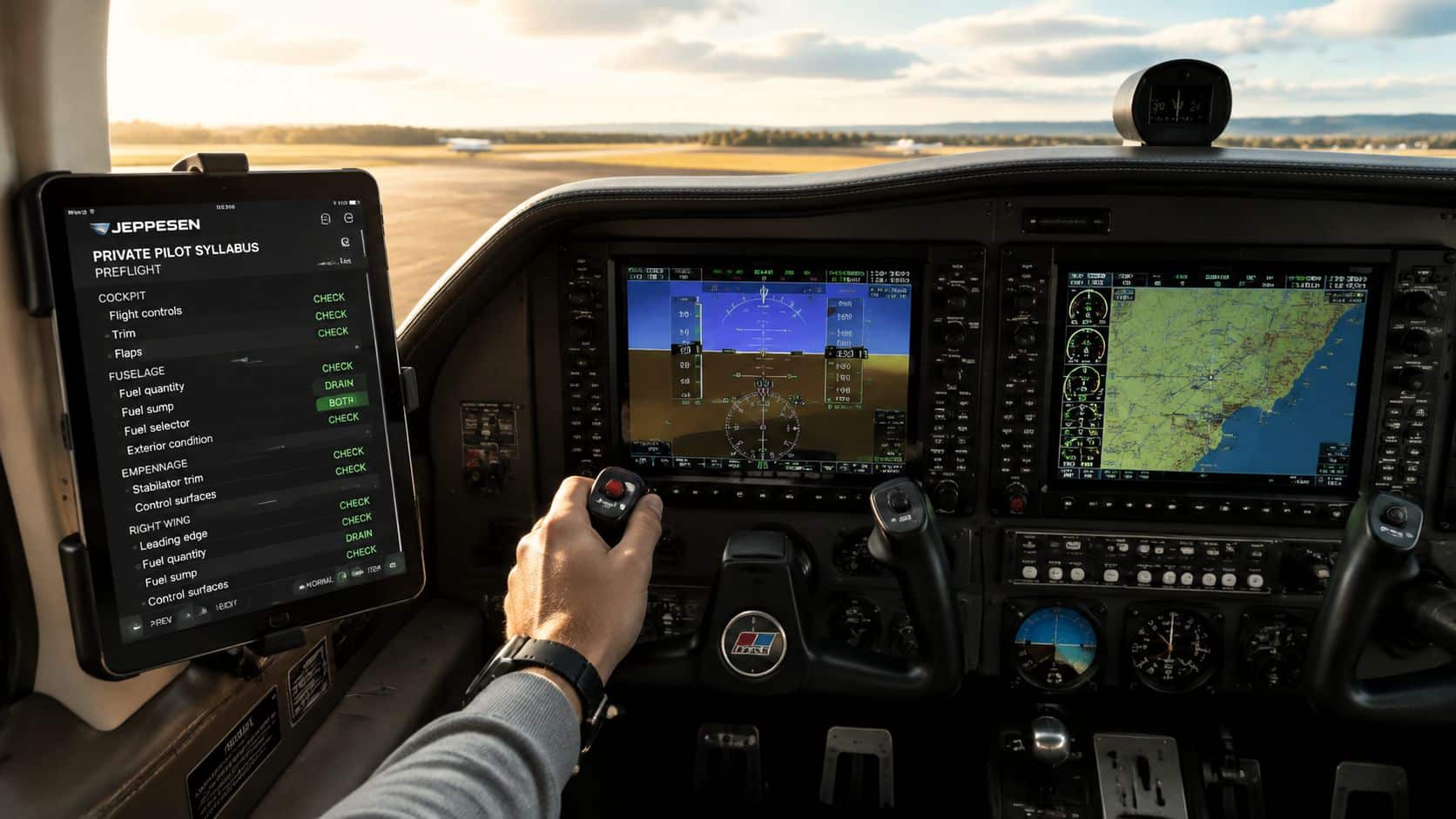 Private Pilot Syllabus Jeppesen: Stage-by-Stage Guide 2 A cockpit view of an airplane pilot using a Jeppesen private pilot syllabus checklist on an iPad.