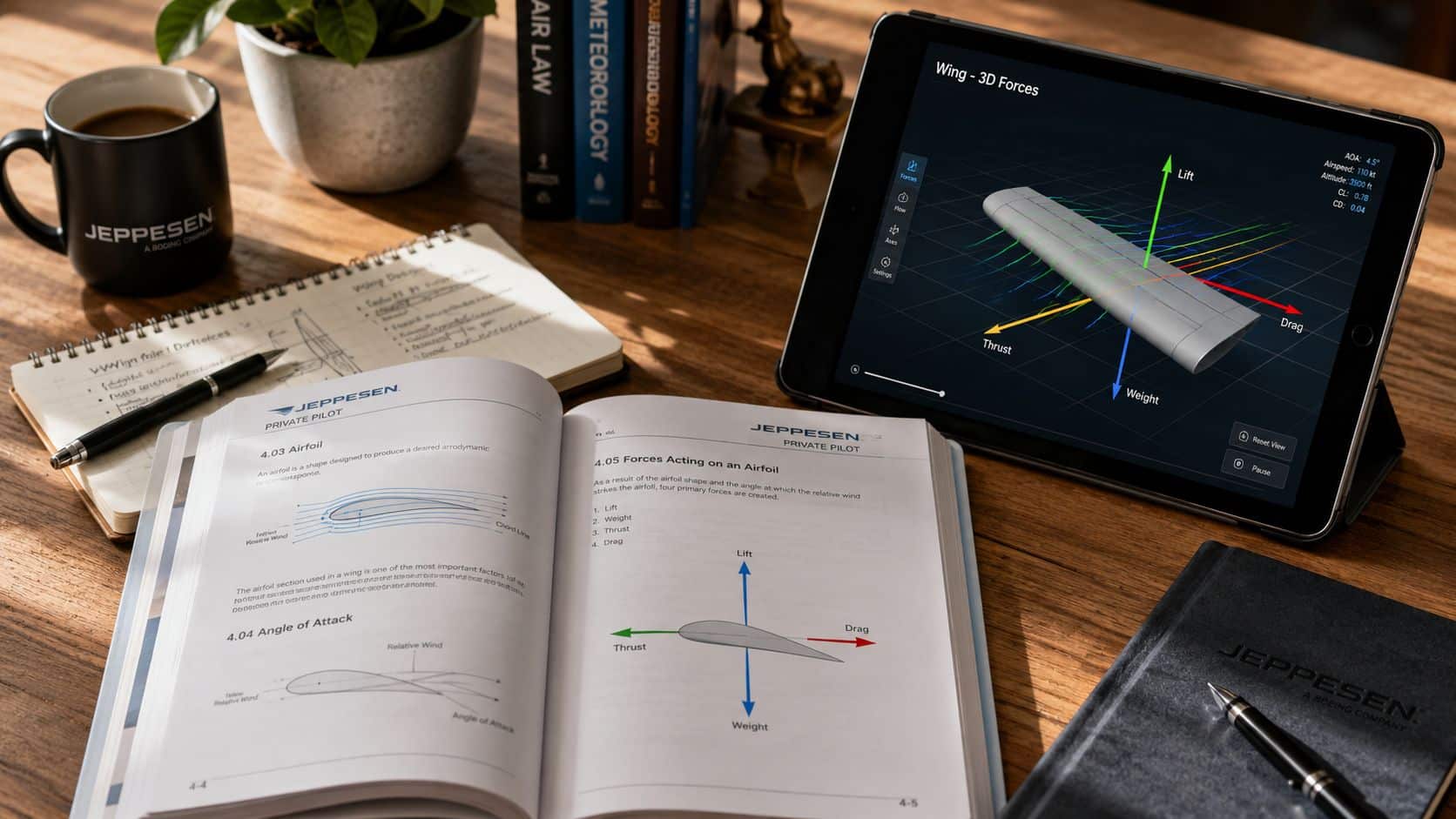 Private Pilot Syllabus Jeppesen: Stage-by-Stage Guide 3 A Jeppesen private pilot manual open to flight theory pages next to a tablet showing aerodynamic forces.