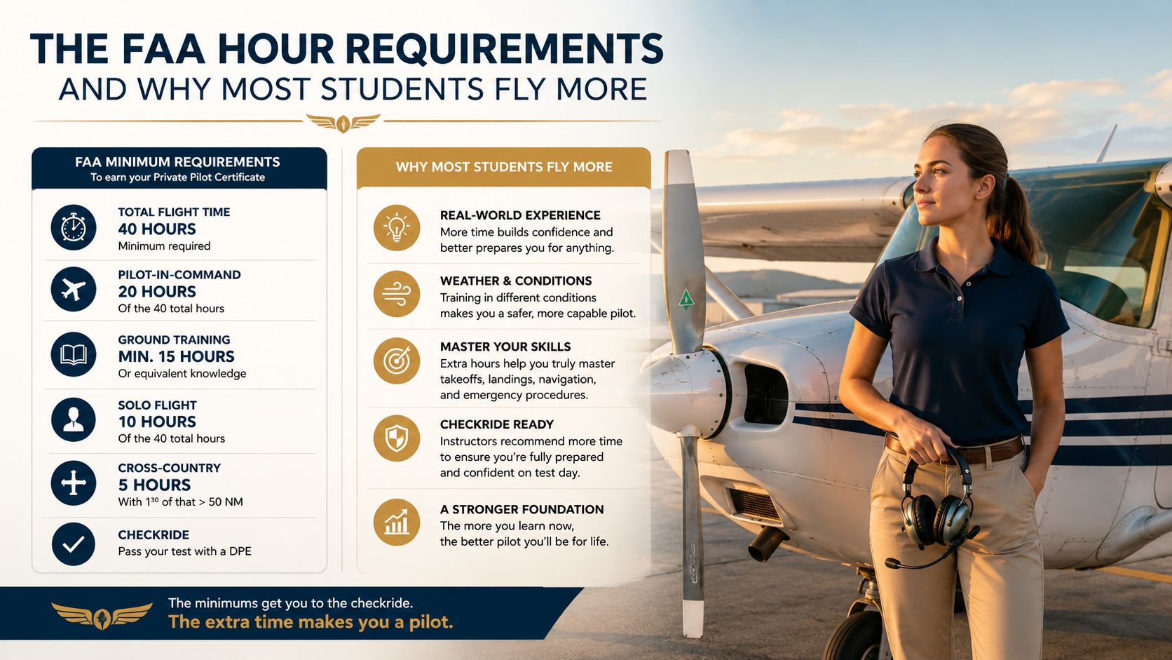 Private Pilot Training Costs: A Transparent Breakdown 2 An infographic detailing FAA private pilot flight hour requirements alongside reasons for exceeding those minimums.