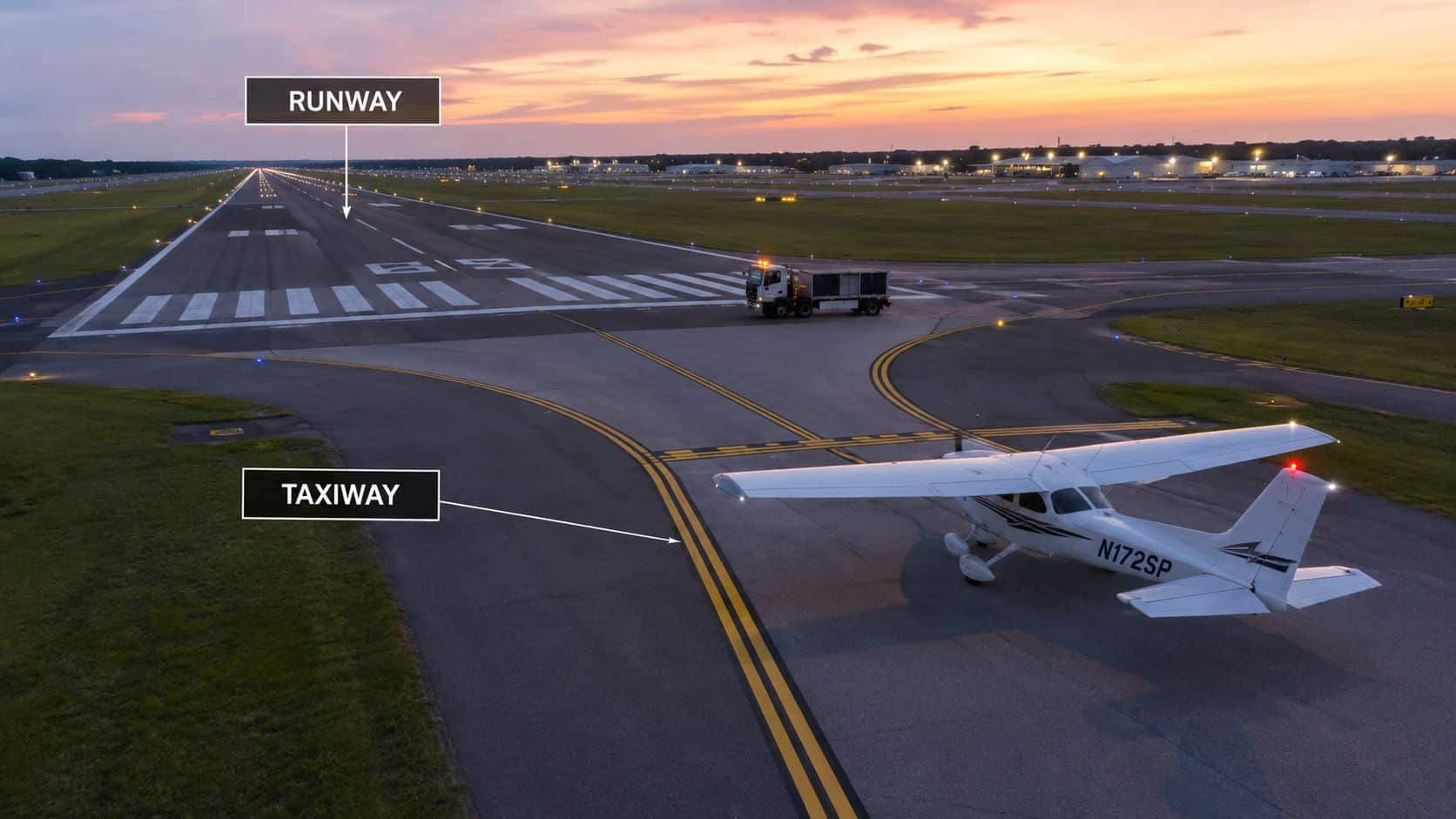 Runway Incursion Avoidance: A Pilot's Guide to Safer Taxi 2 A small private airplane sits on an airport taxiway near an active runway during a golden sunset.