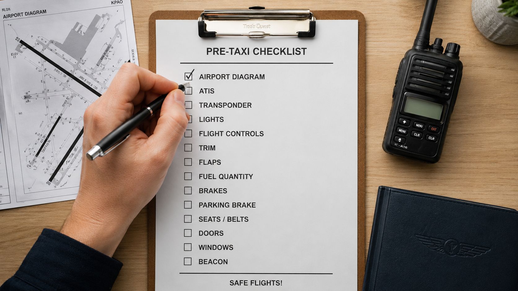 Runway Incursion Avoidance: A Pilot's Guide to Safer Taxi 3 A pilot checks off the airport diagram on a pre-taxi checklist while reviewing aviation maps.