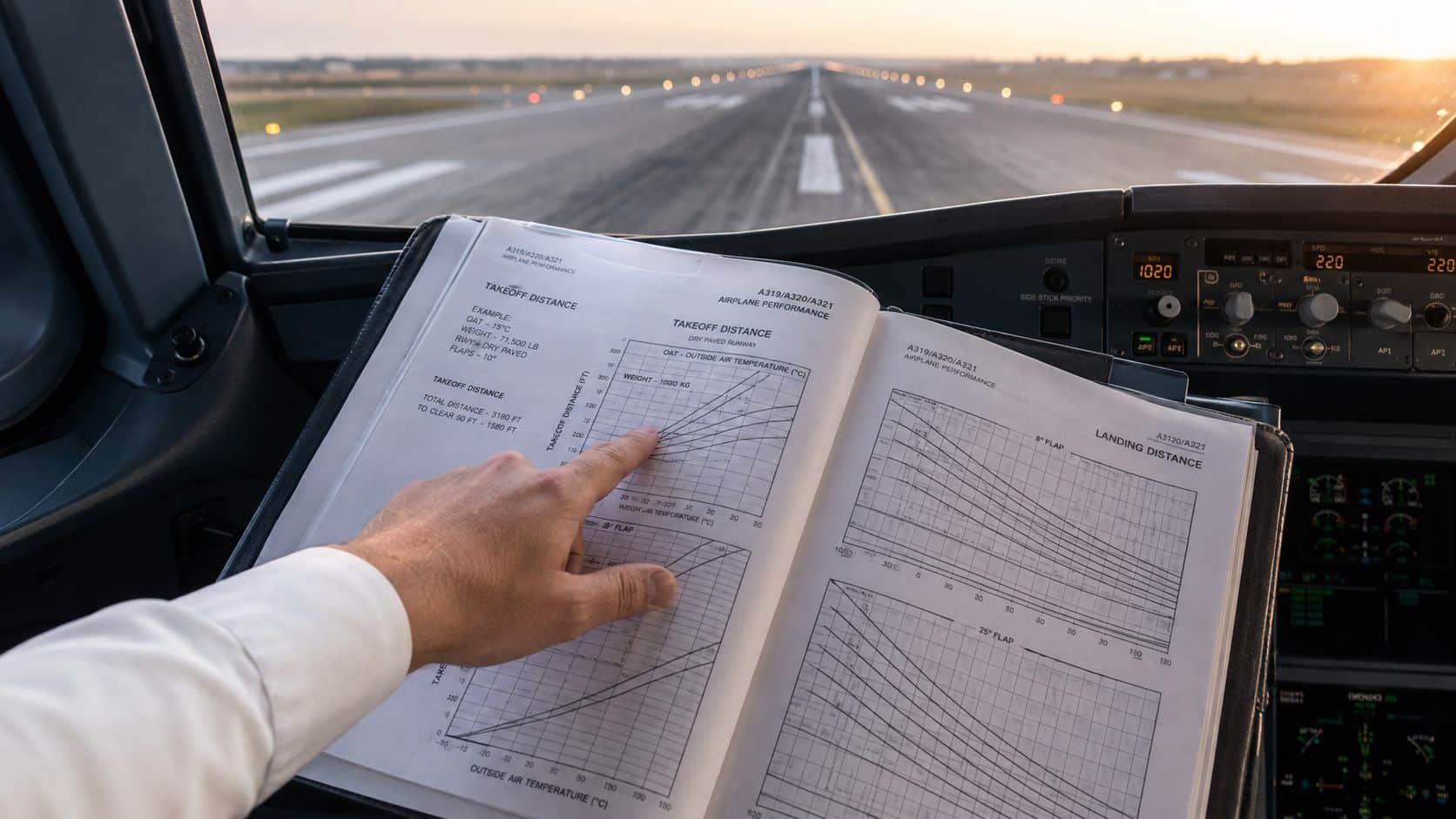 Runway Length Requirements Every Pilot Should Know 3 A pilot points at a performance chart in an A320 manual while inside an airplane cockpit.