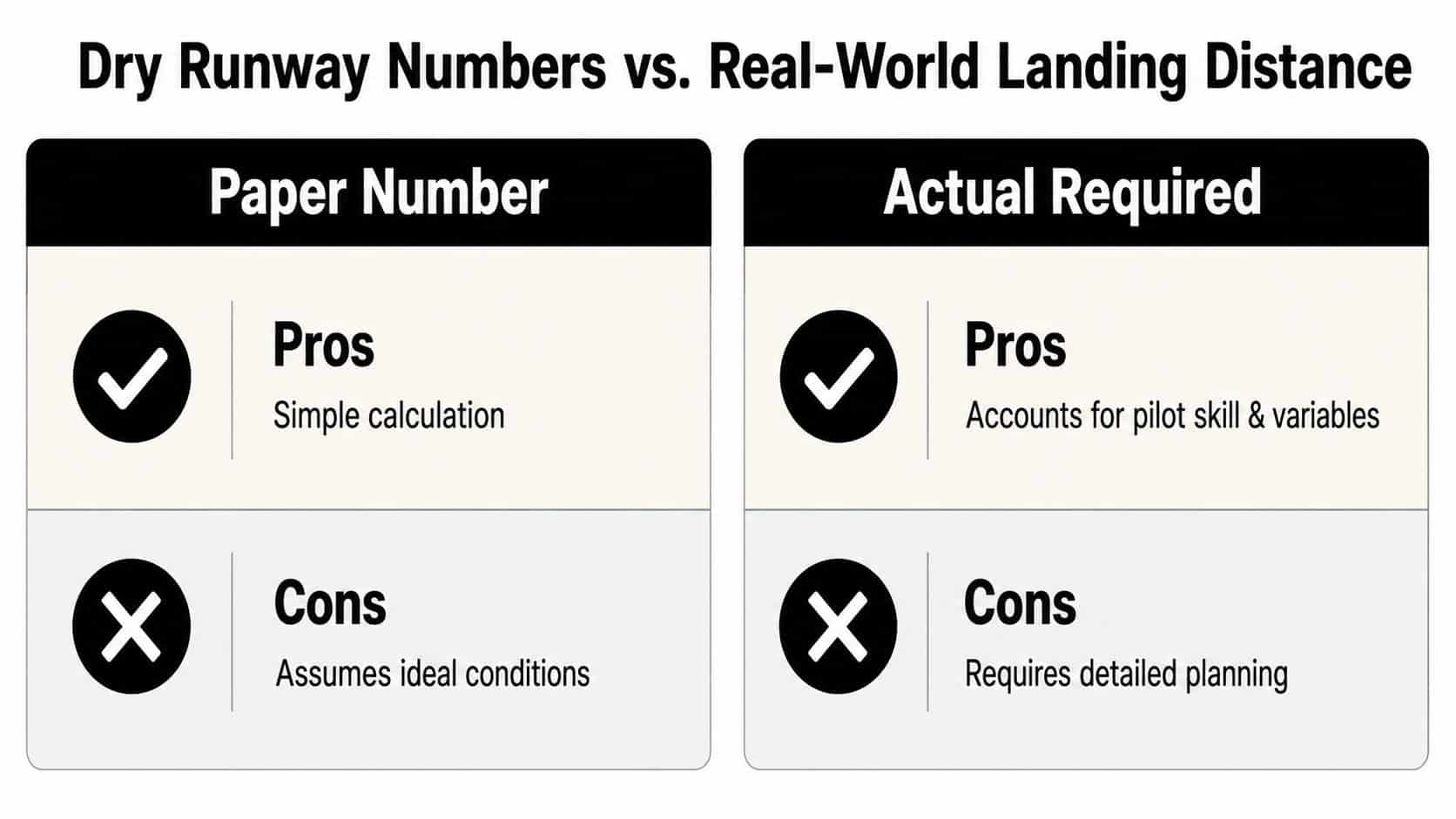 Runway Length Requirements Every Pilot Should Know 4 A comparison chart outlining the pros and cons of dry runway numbers versus real-world landing distance requirements.