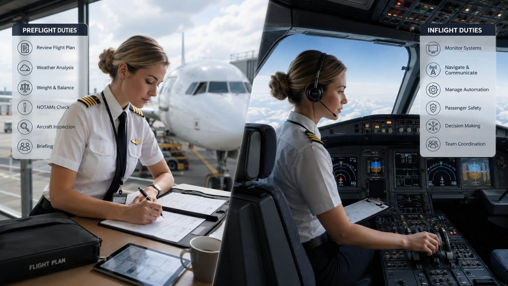 Safety Pilot Requirements Every Pilot Should Know 2 A split-screen image showing a female pilot performing preflight documentation on the left and flying in the cockpit.