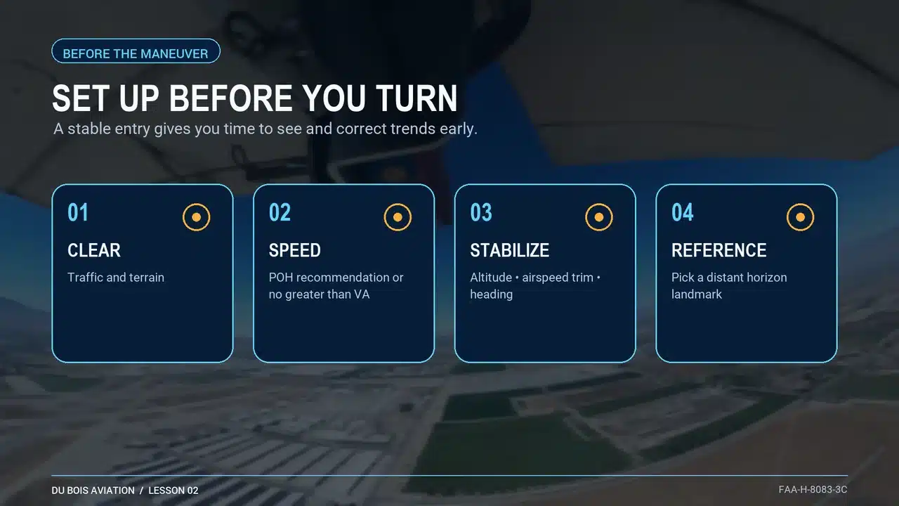 Steep-turn preparation: clear the area, choose speed and stabilize