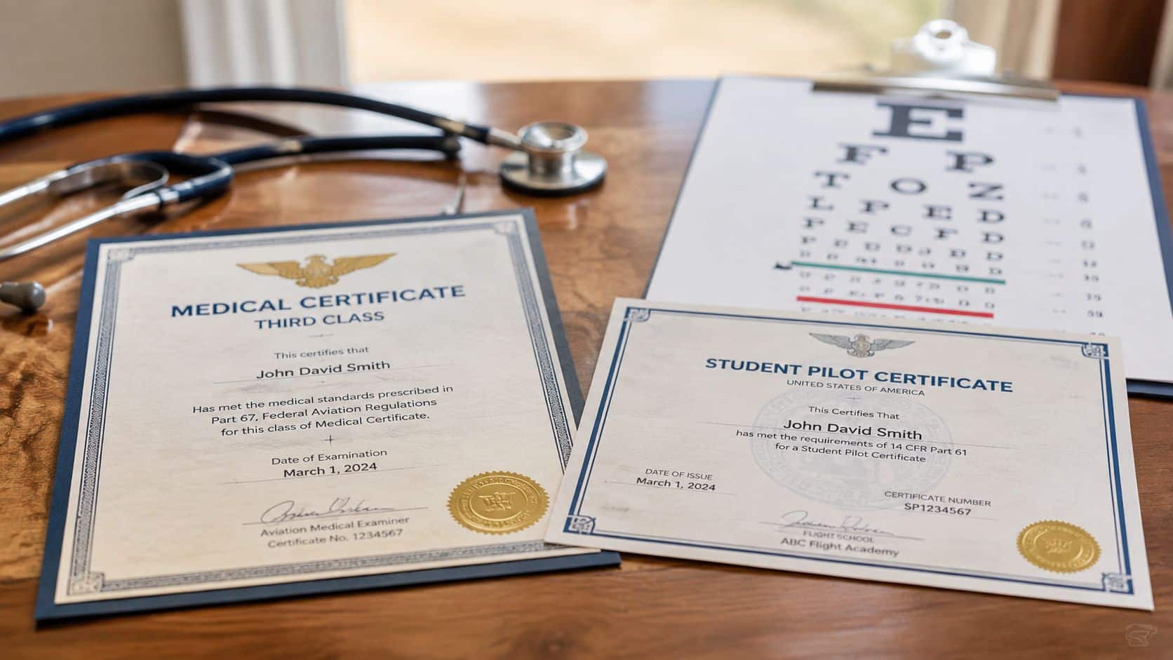 Student Pilot Certificate Requirements and Application Guide 2 A Medical Certificate and a Student Pilot Certificate on a wooden desk with a stethoscope and eye chart.