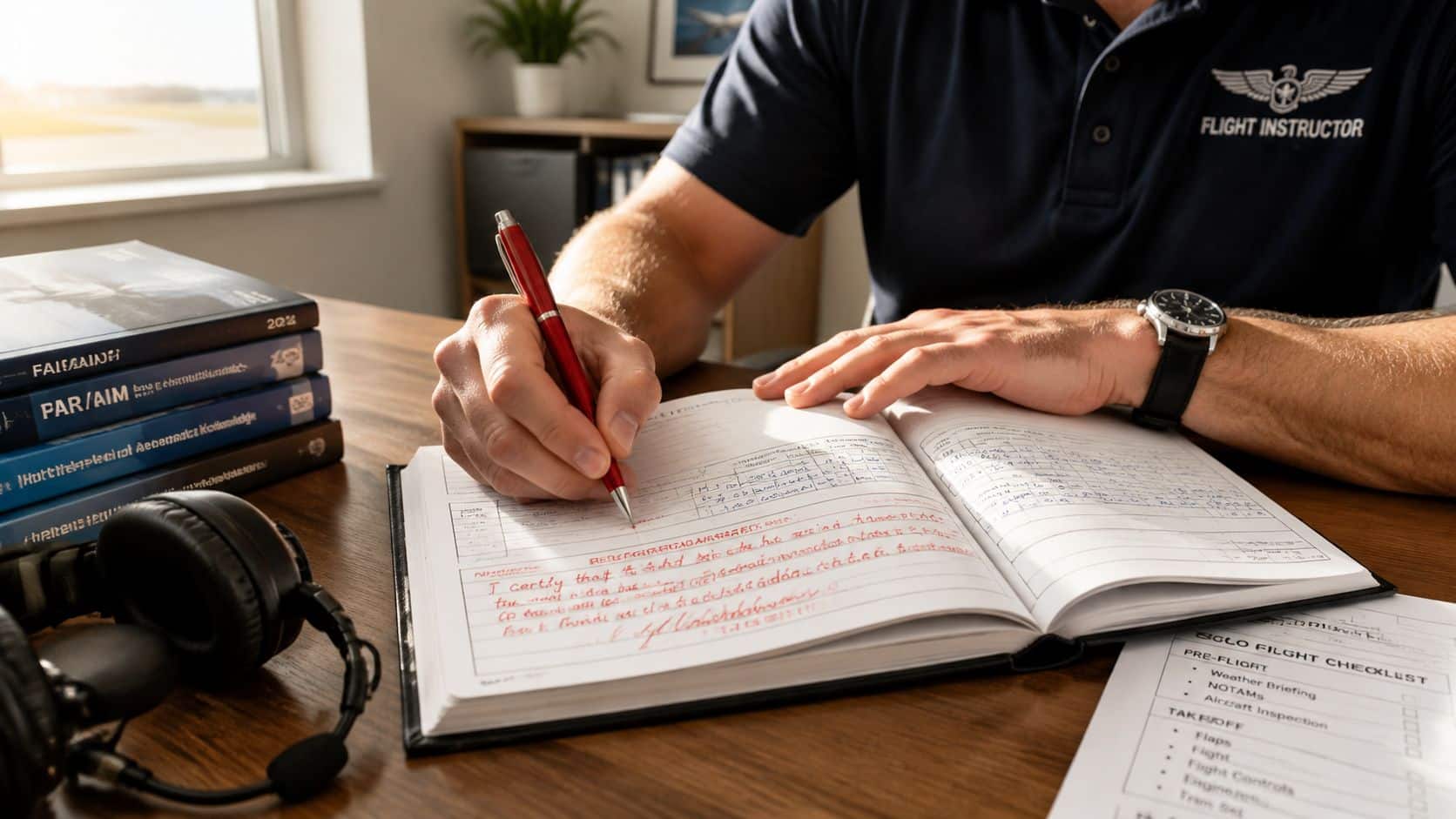 Student Pilot Certificate Requirements: Complete 2026 Guide 4 A flight instructor reviewing logbook entries at a desk with textbooks and an aviation checklist.