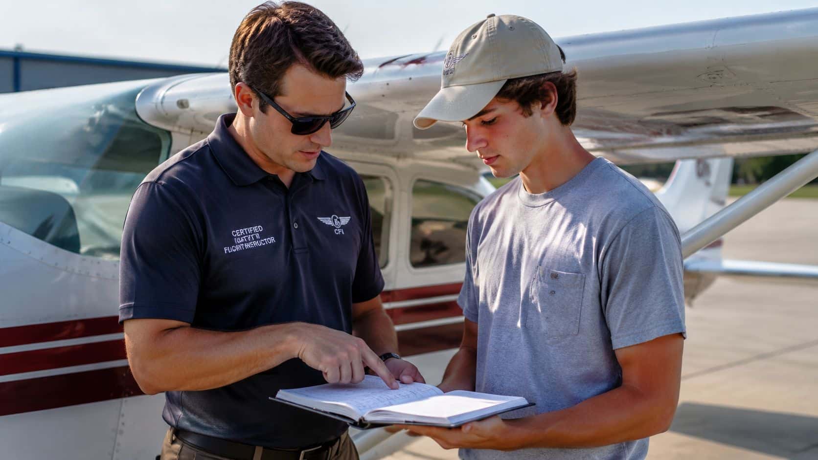 Student Pilot Certificate Requirements and Application Guide 3 A flight instructor reviewing a flight logbook with his student pilot next to a small airplane.