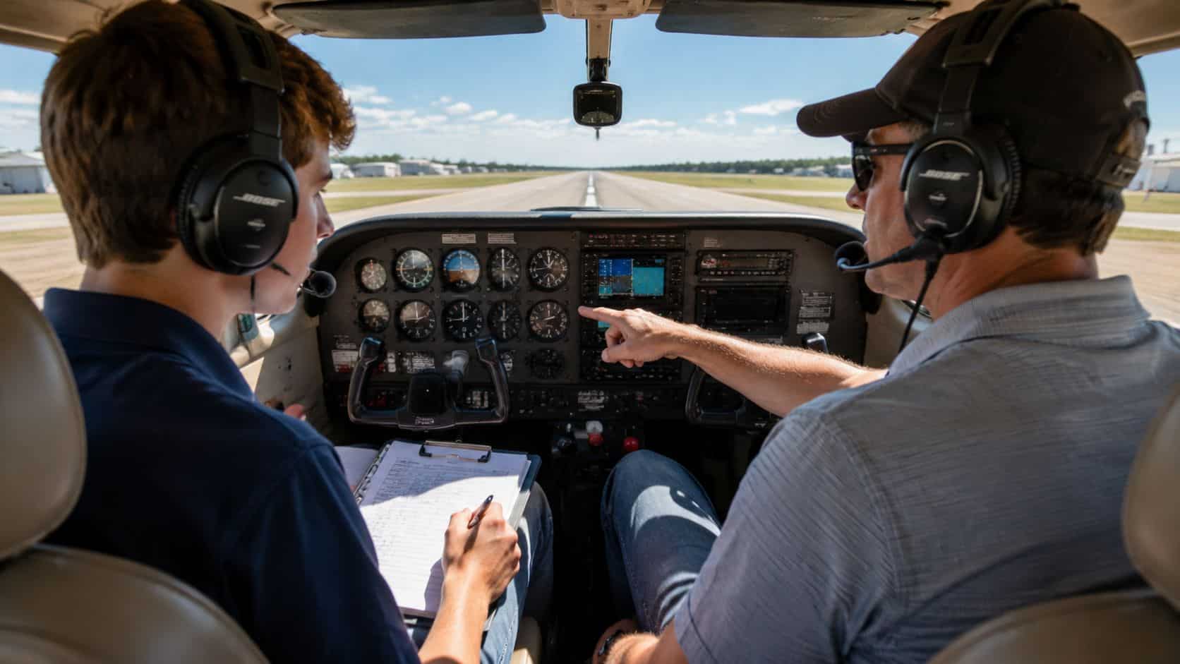 Student Pilot Certificate Requirements: Complete 2026 Guide 2 An experienced flight instructor pointing at instrument panels to guide a student pilot during pre-flight checks.