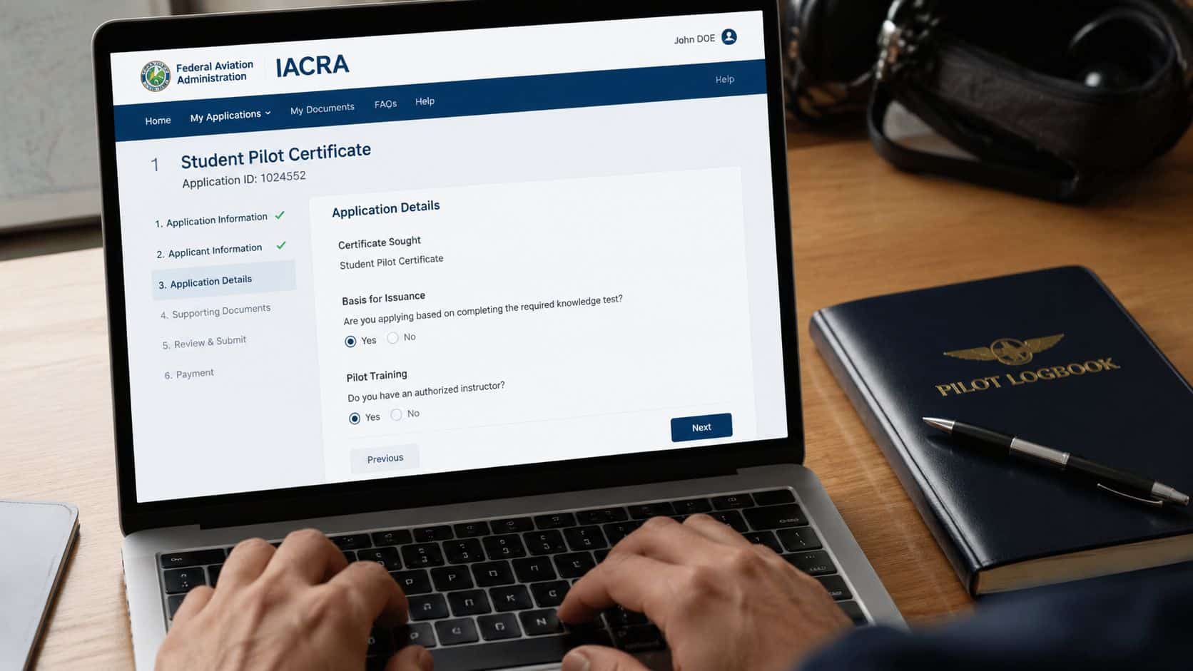 Student Pilot Certificate Requirements: Complete 2026 Guide 3 A person filling out an online student pilot certificate application on a laptop computer.