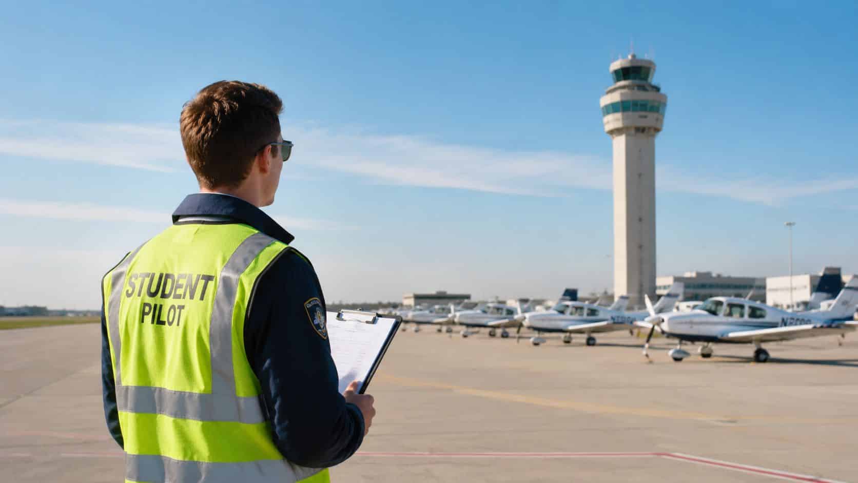 Student Pilot Certificate Requirements: Complete 2026 Guide 5 A student pilot wearing a high-visibility vest reviews documents on a tarmac near light aircraft and a control tower.