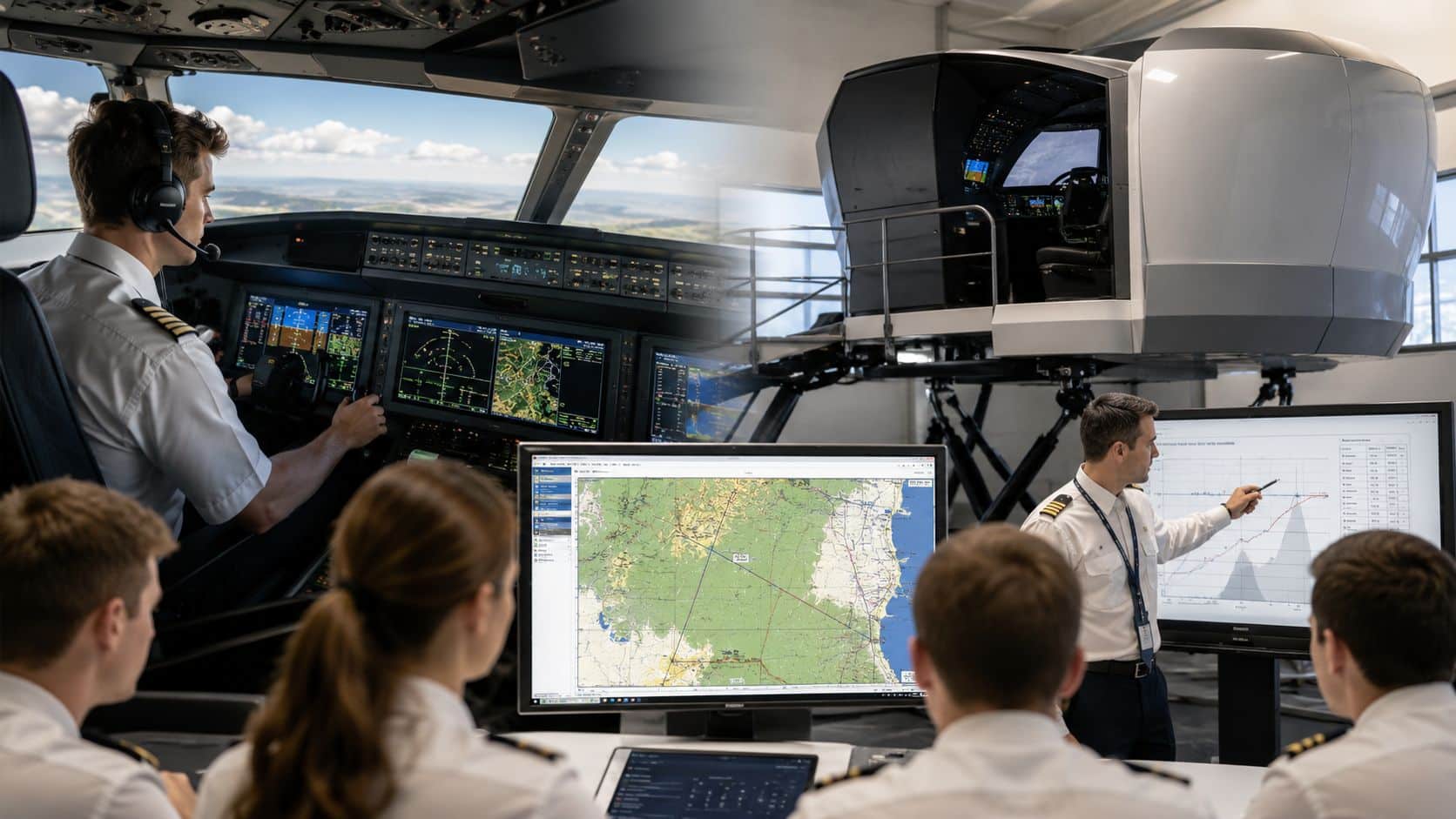 Threat and Error Management: A Pilot's Safety Guide for 2026 5 A group of airline pilots participating in professional flight simulator training with instructors monitoring flight data.