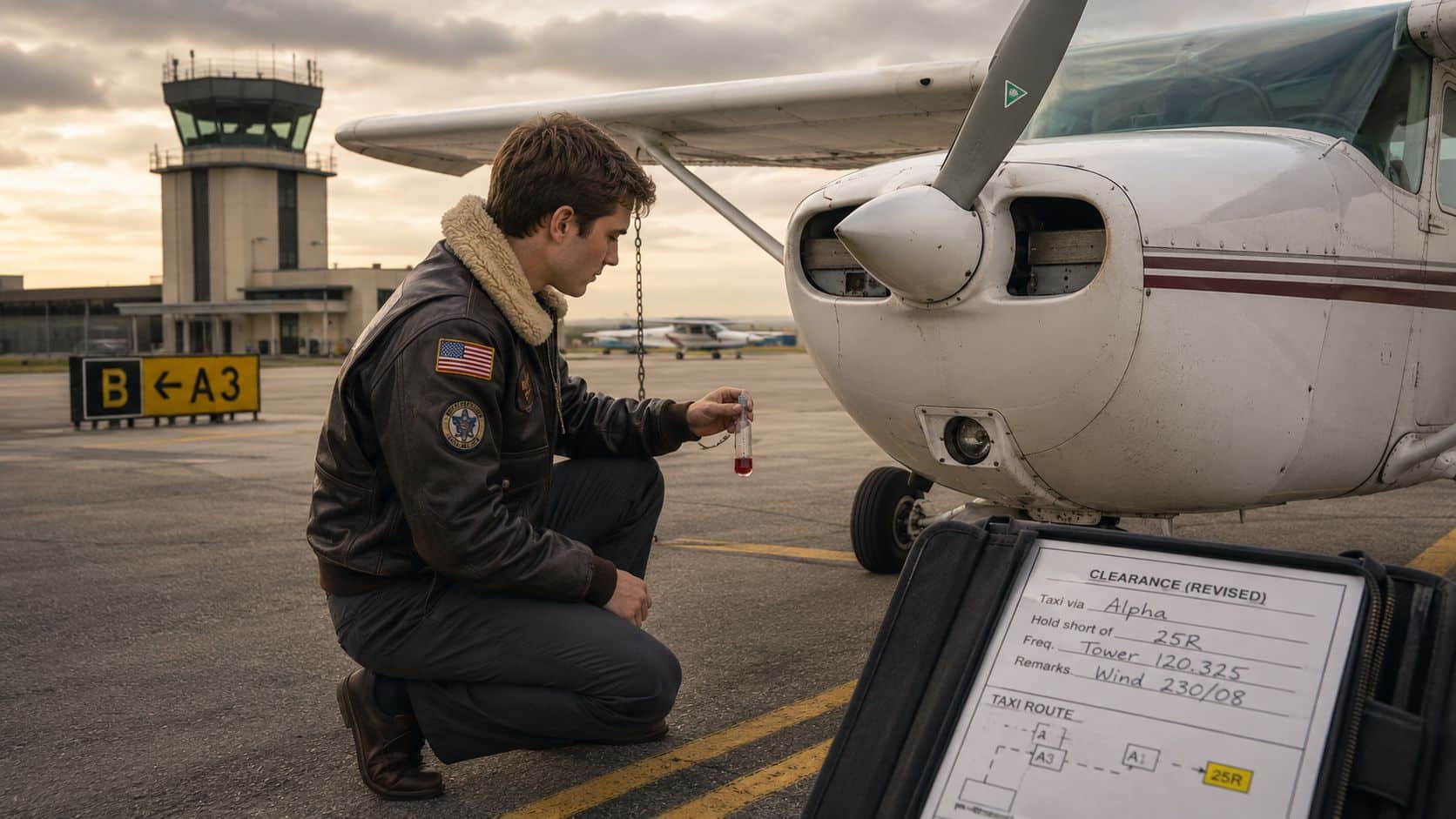 Threat and Error Management: A Pilot's Safety Guide for 2026 2 A pilot in a flight jacket examines a fuel sample before boarding his small aircraft at airport.