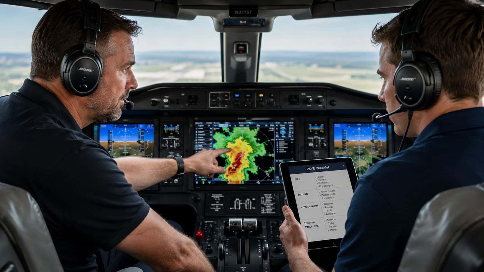 Threat and Error Management: A Pilot's Safety Guide for 2026 4 Two pilots in a cockpit reviewing weather radar and a digital PAVE safety checklist on a tablet.