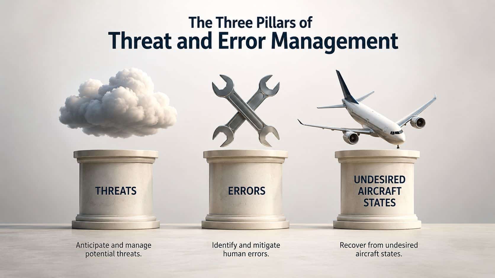 Threat and Error Management: A Pilot's Safety Guide for 2026 3 A conceptual diagram showing three pillars representing threats, errors, and undesired aircraft states in aviation safety management.