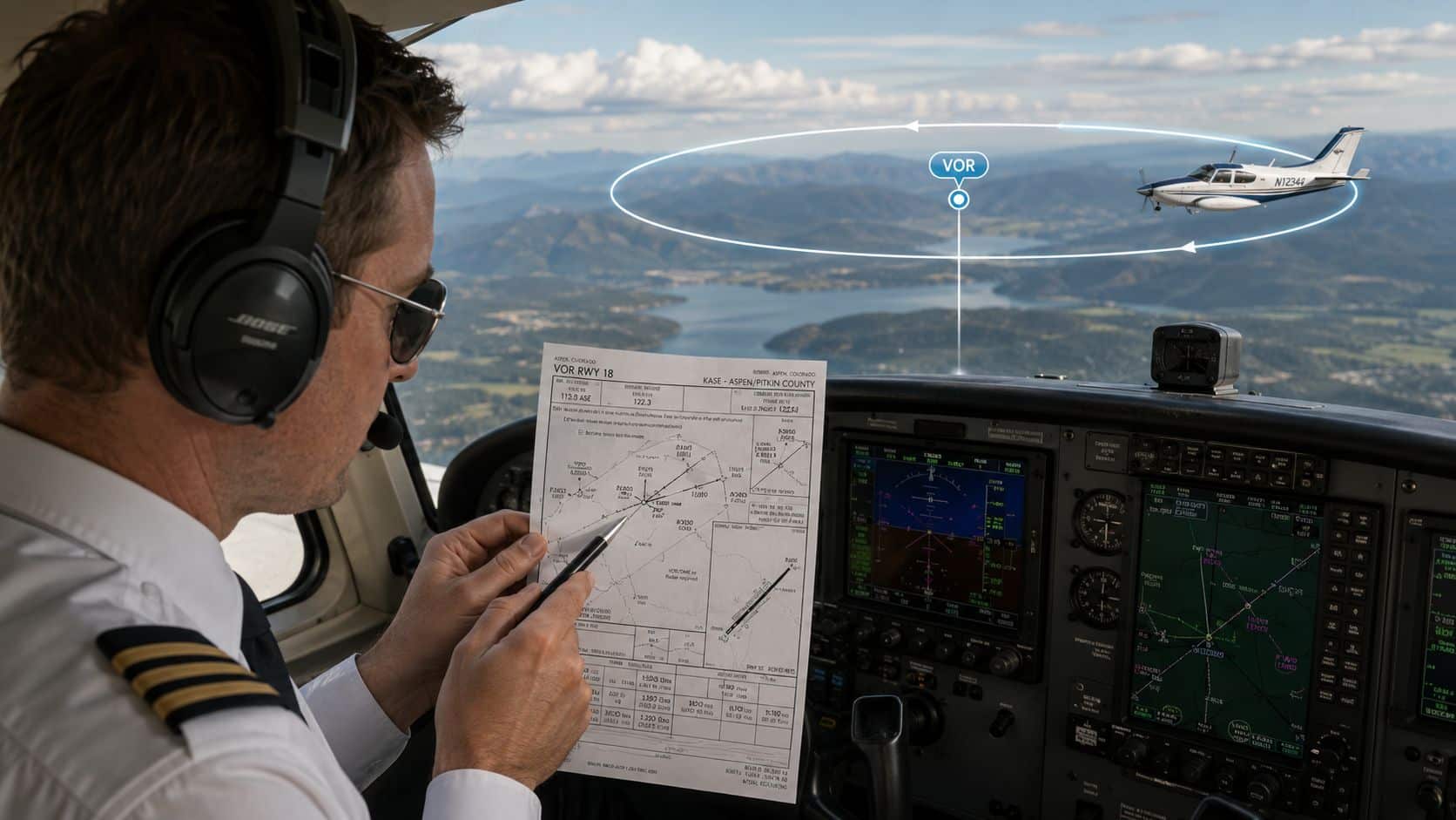 Understanding VOR Navigation for Student Pilots 4 A pilot inside a cockpit reviewing an aviation navigation chart while flying a small airplane near mountains.