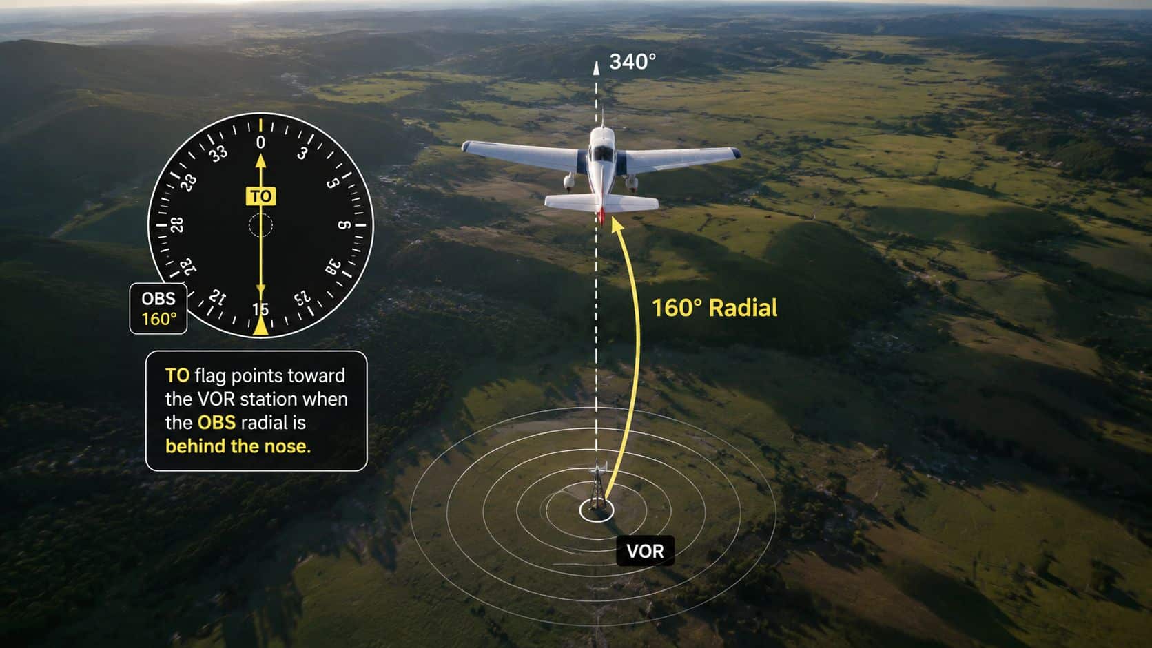 Understanding VOR Navigation for Student Pilots 3 A diagram illustrating aircraft VOR navigation with a plane, VOR station, radial line, and cockpit instrument.
