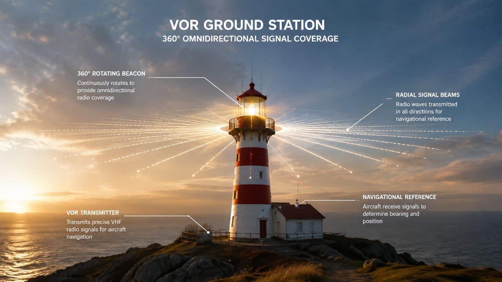 Understanding VOR Navigation for Student Pilots 2 A digital infographic explaining a VOR ground station with a lighthouse radiating navigation signals at sunset.