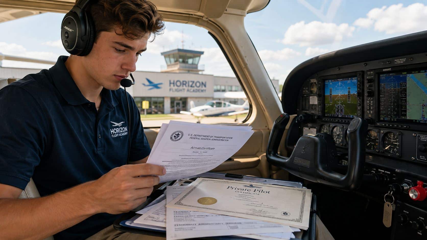 What Is a Flight Instructor and Why They Matter 2 A student pilot sits in the cockpit of a small aircraft holding his flight certificates.
