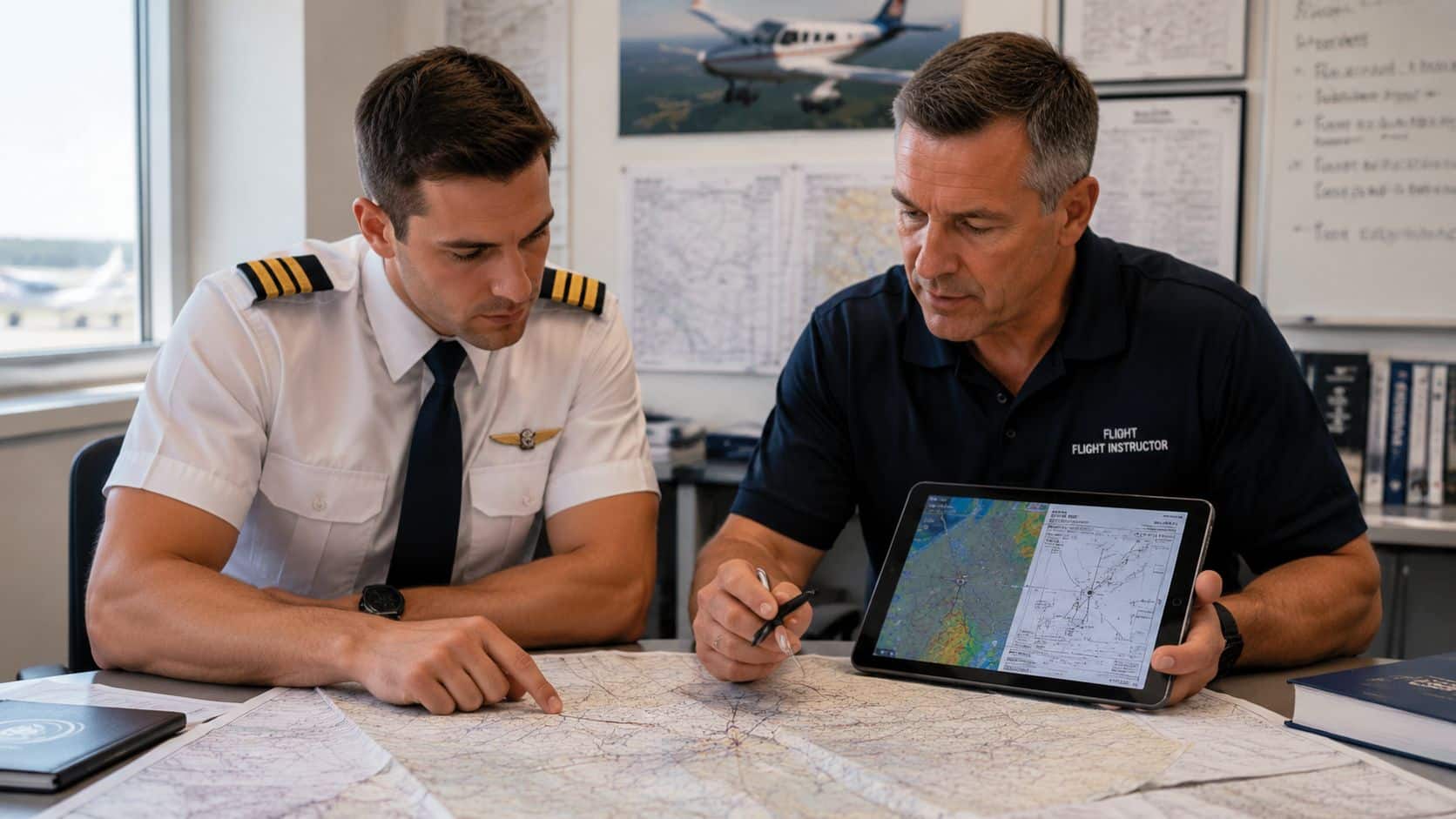 What Is an Instrument Rating and Why Pilots Earn One 4 A flight instructor teaching a student pilot by reviewing aeronautical charts and flight plans on a tablet.