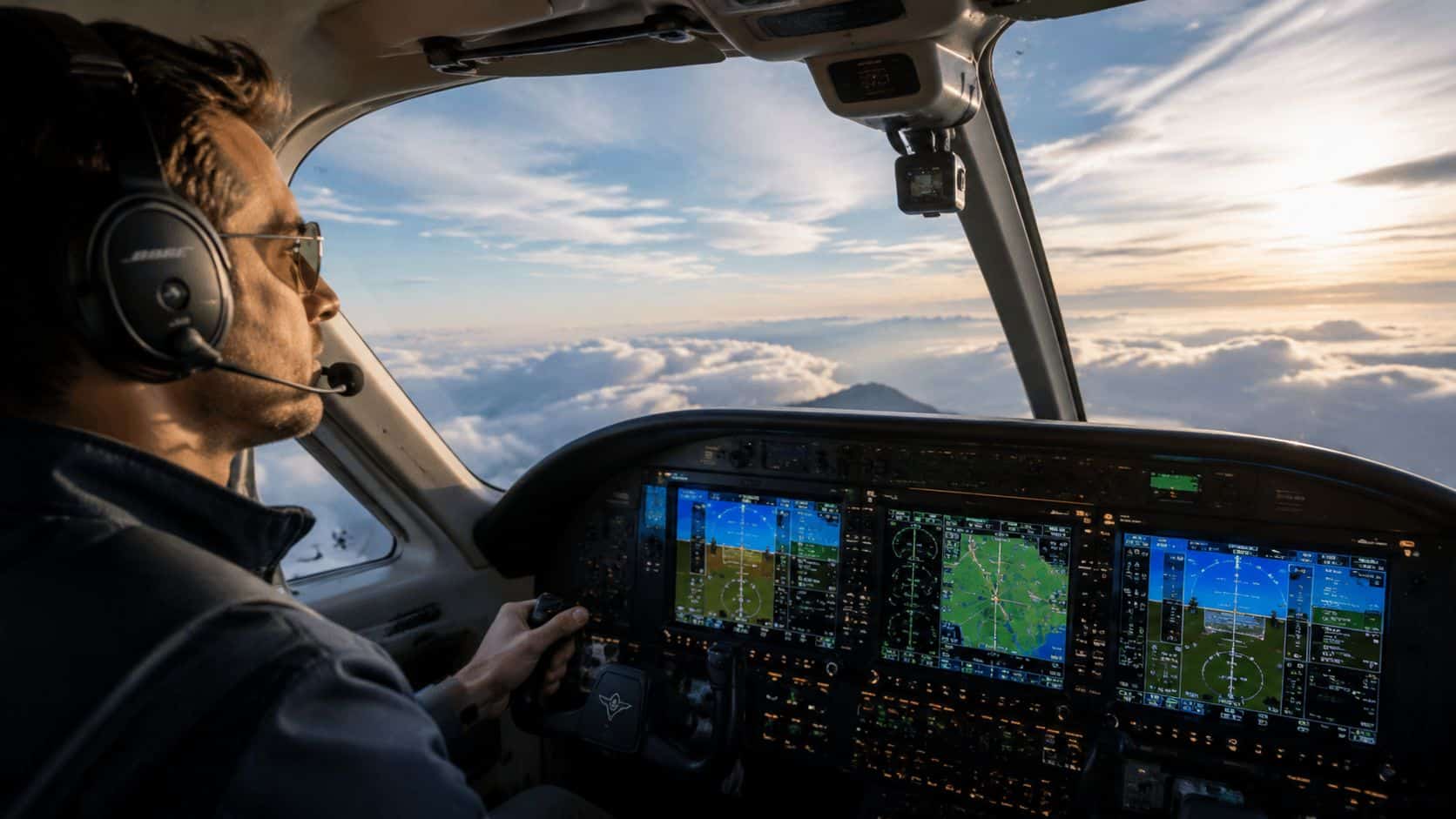 What Is an Instrument Rating and Why Pilots Earn One 5 A pilot skillfully flying a small aircraft while viewing the digital instrument panel above the clouds.