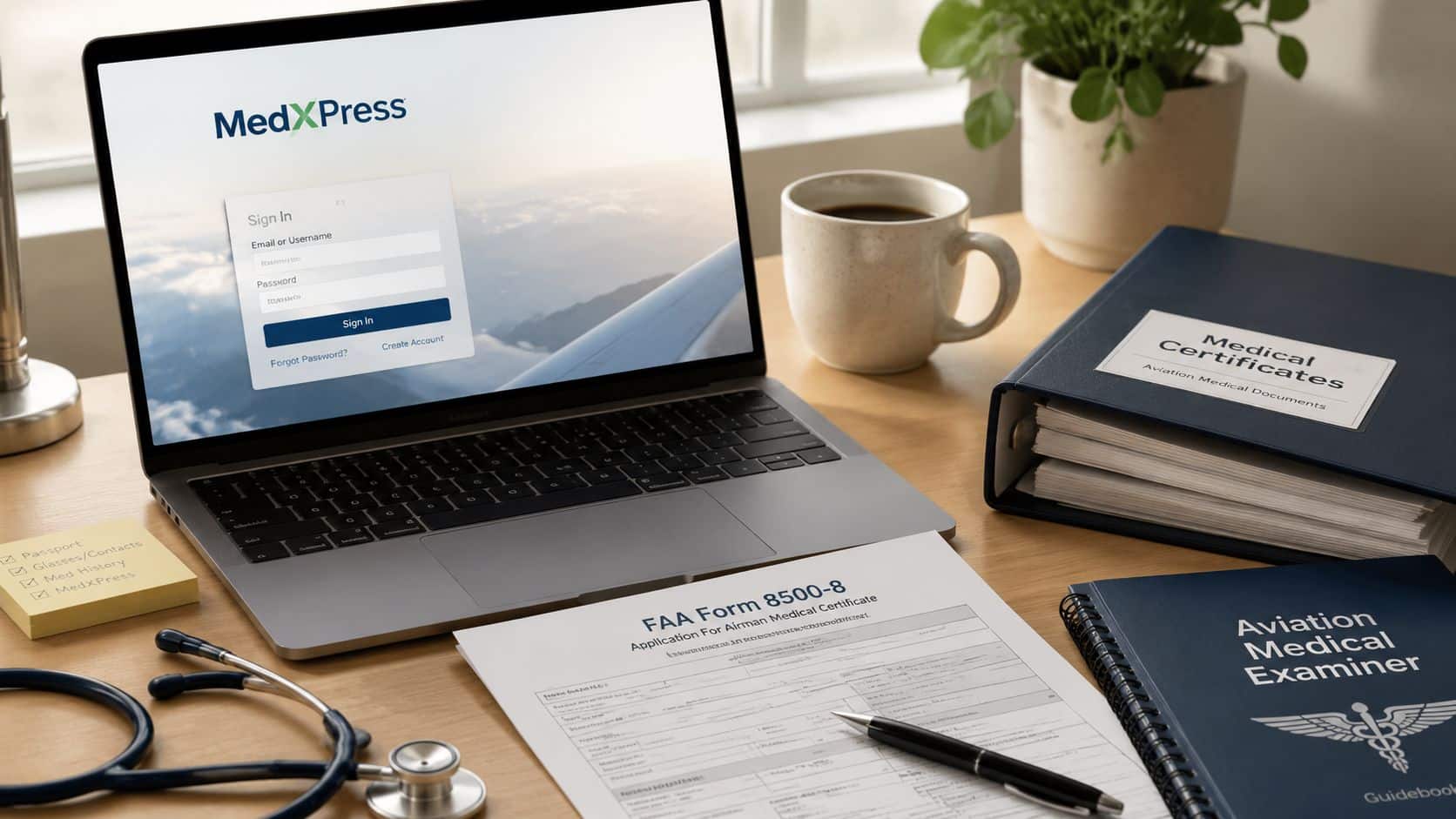 3rd Class Medical: A Practical Guide for Pilots 2 Laptop displaying the MedXPress login portal next to medical paperwork and a stethoscope on a desk.