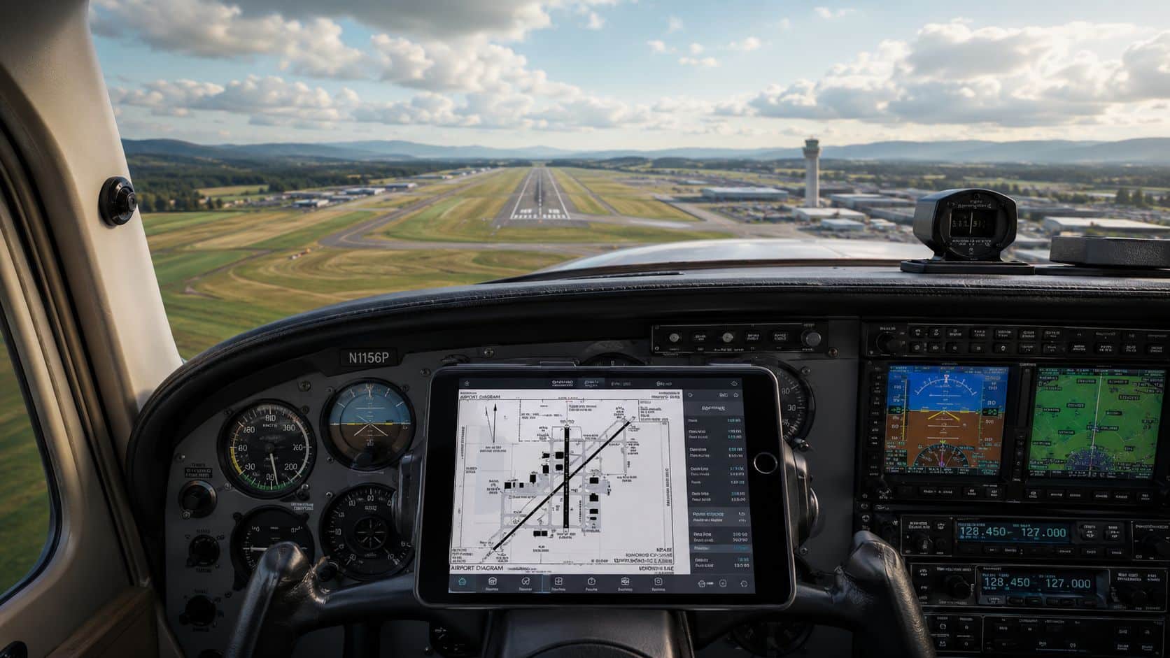 Ac 91 78 3 A view from inside a cockpit showing a pilot approaching an airport runway with navigational instruments displayed.