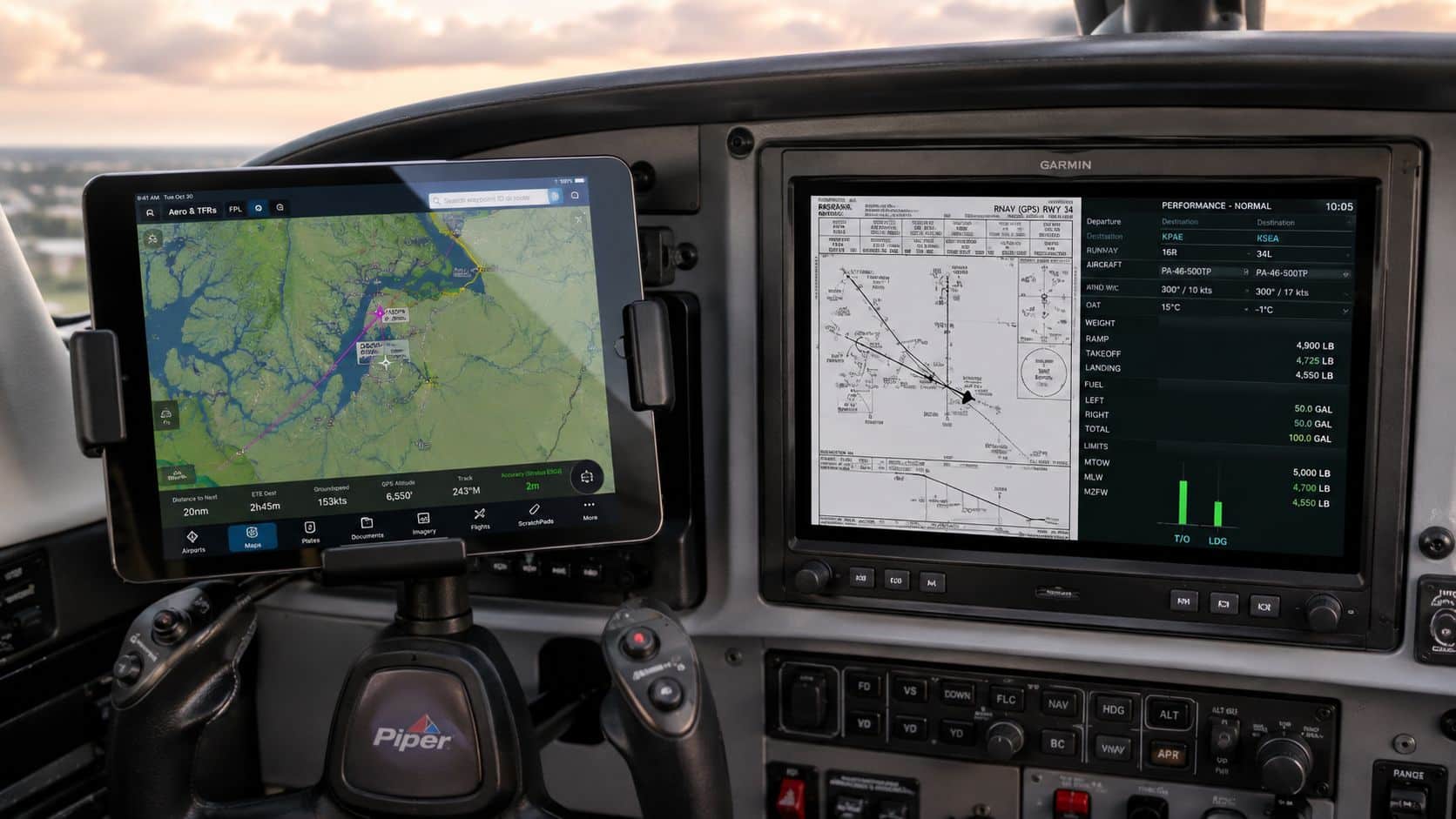 Ac 91 78 2 A modern cockpit view displaying flight navigation maps on a tablet and performance data on Garmin displays.