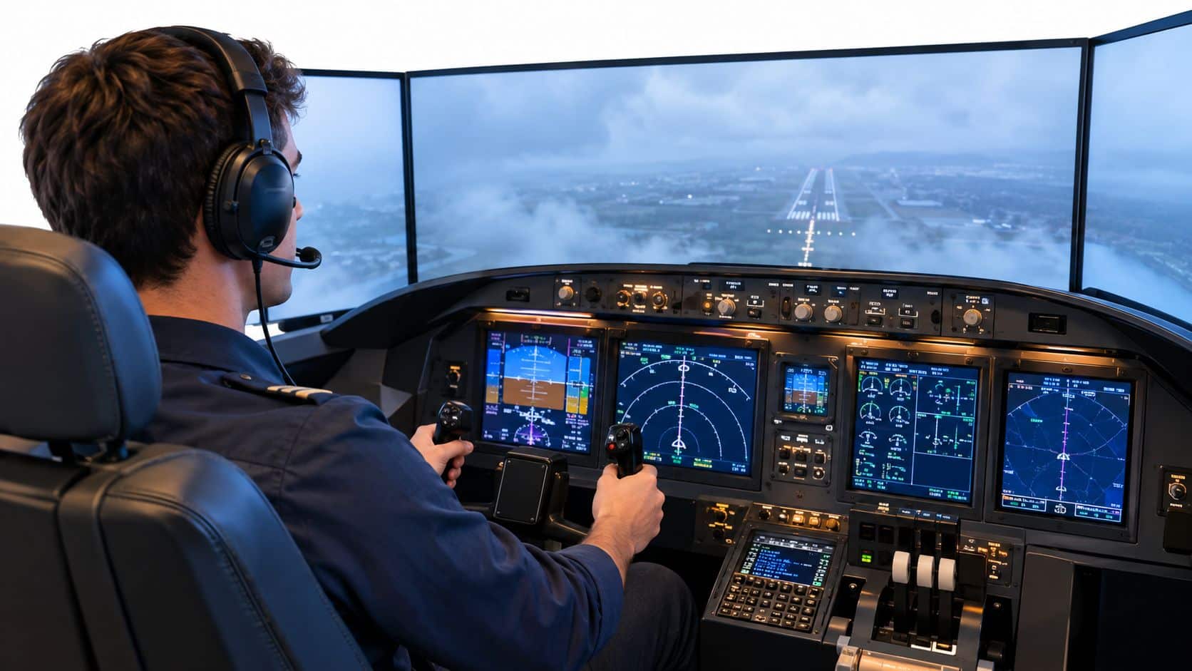 Accelerated IFR Training: Your Complete Guide 4 A pilot inside a flight simulator wearing a headset while approaching a runway in foggy conditions.