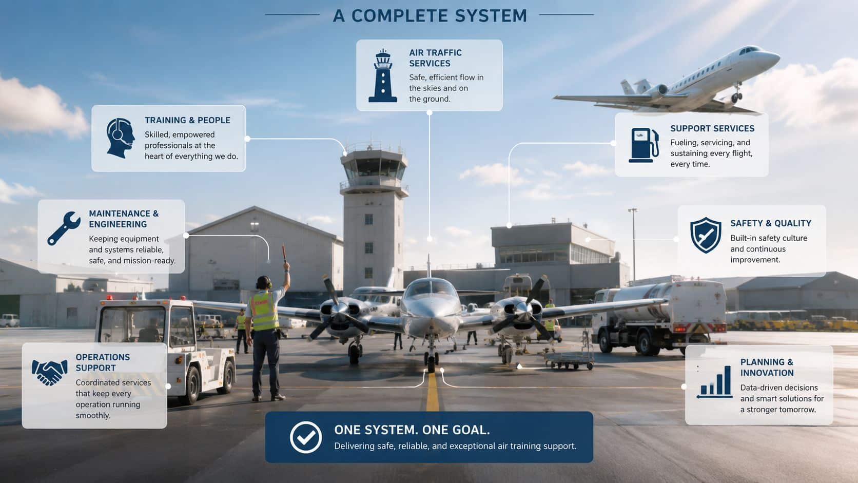 Air Training Support: What It Includes and Why It Matters 2 A comprehensive infographic illustrating various air training support services at an airport tarmac with aircraft and personnel.