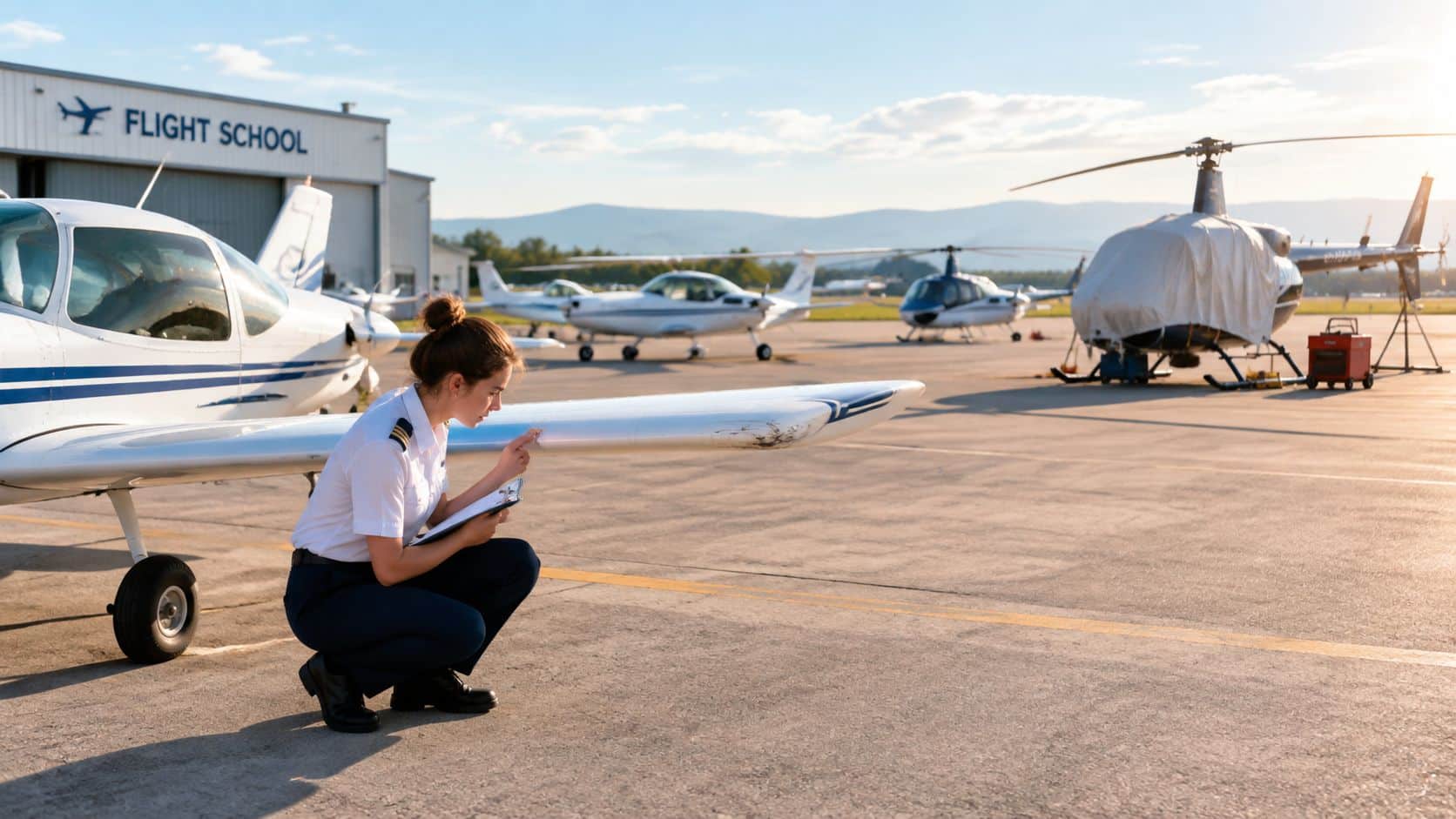 Aircraft Hull Insurance Guide for Pilots and Flight Schools 4 A professional flight student inspecting the wing of a small airplane during a pre-flight inspection