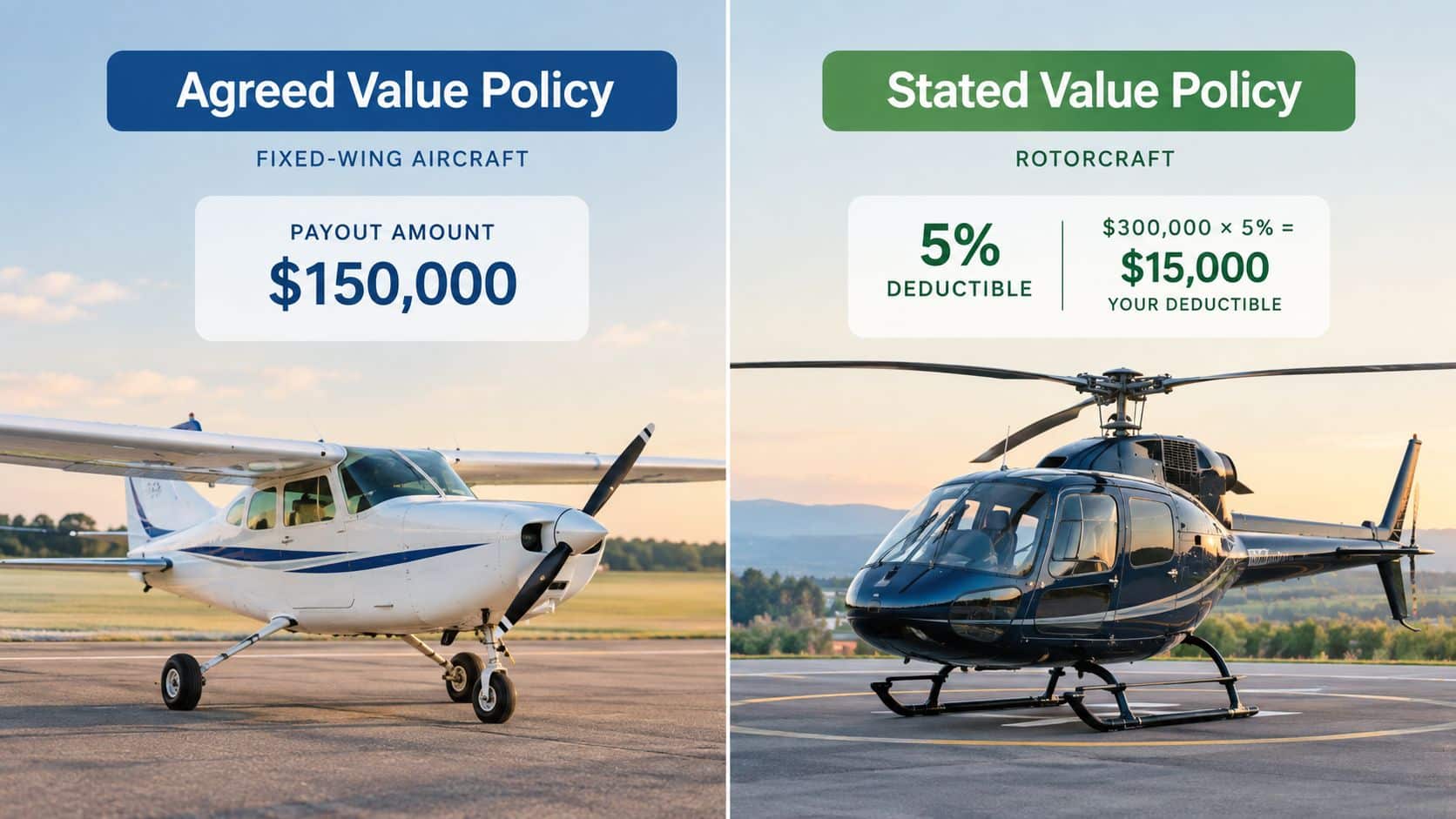 Aircraft Hull Insurance Guide for Pilots and Flight Schools 3 A comparison graphic showing aircraft hull insurance options for a fixed-wing aircraft and a helicopter.