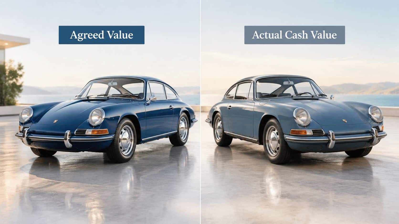Aircraft Hull Insurance Guide for Pilots and Flight Schools 2 A comparison showing a pristine classic blue Porsche under Agreed Value versus a weathered version under Actual Cash Value.