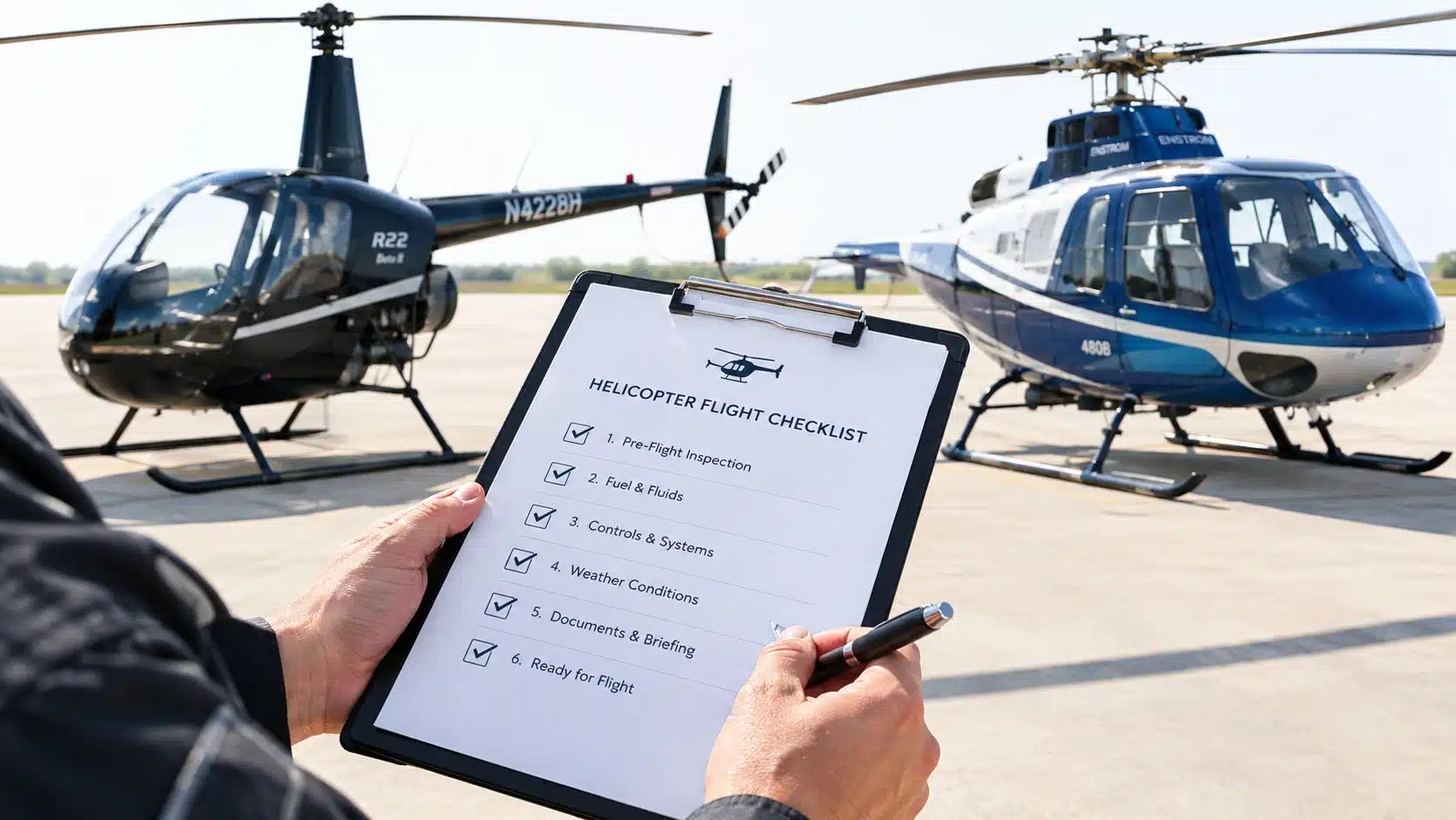 Best Helicopter Training: How to Choose the Right School 3 A pilot holding a clipboard with a flight checklist in front of two helicopters on a tarmac.