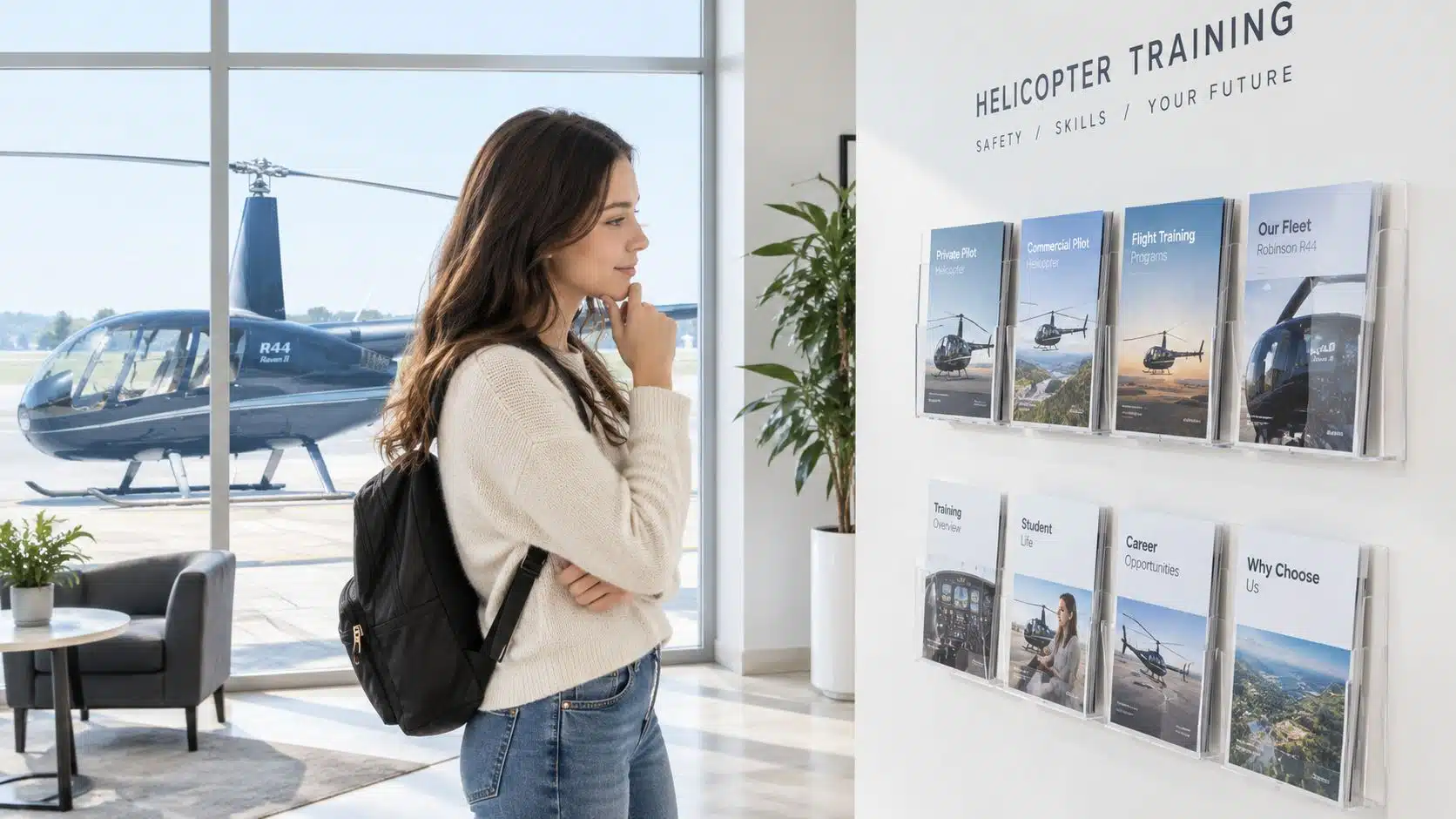 Best Helicopter Training: How to Choose the Right School 2 A young woman wearing a backpack looks at a wall display of helicopter training information brochures.