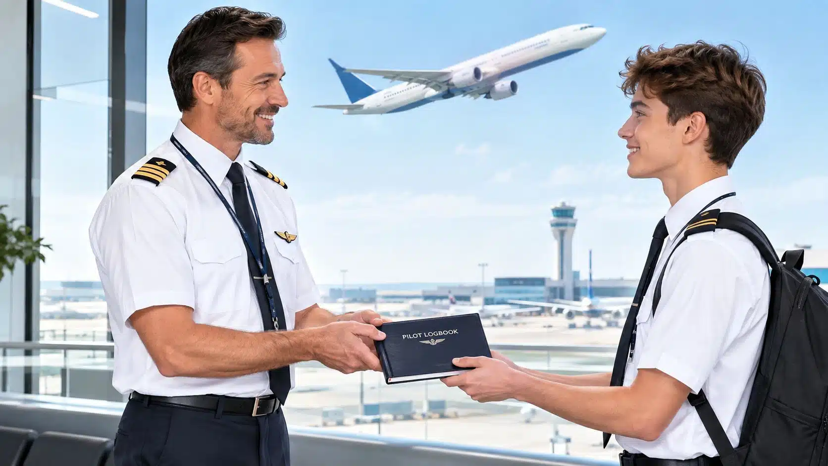 CFI CFII MEI Course: A Practical Guide for Pilots 3 An experienced airline pilot hands a pilot logbook to a young student pilot at an airport terminal.