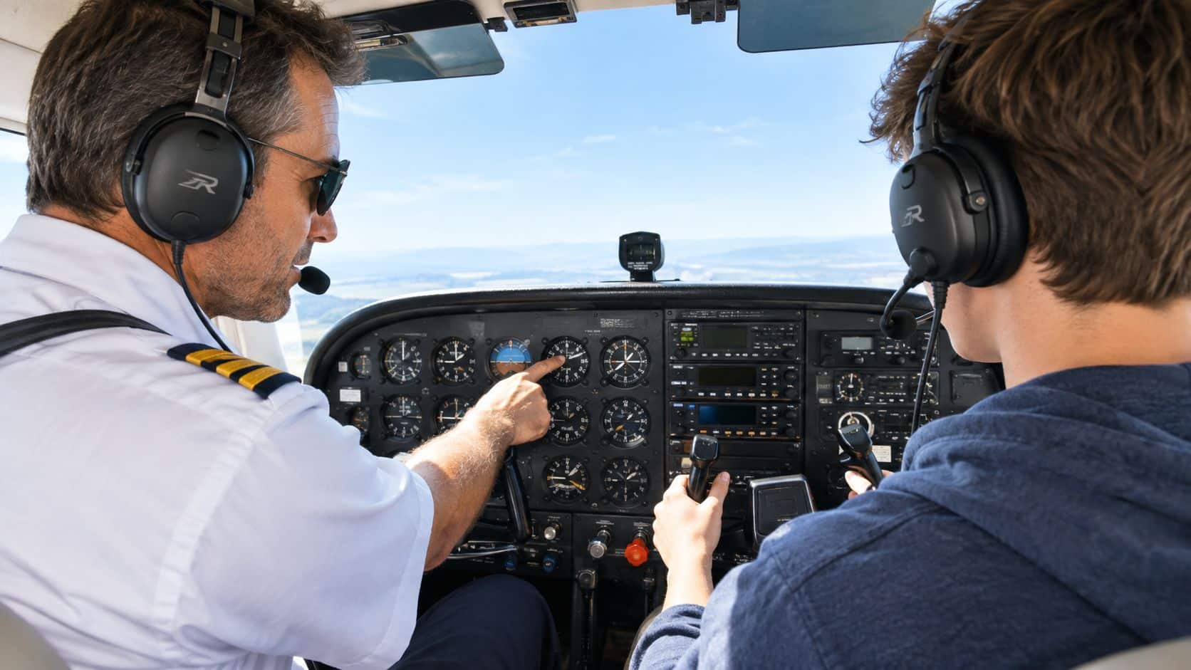 CFI vs CFII Explained and How to Choose Your Path 2 A flight instructor pointing to a cockpit instrument while teaching a student pilot in a small aircraft.