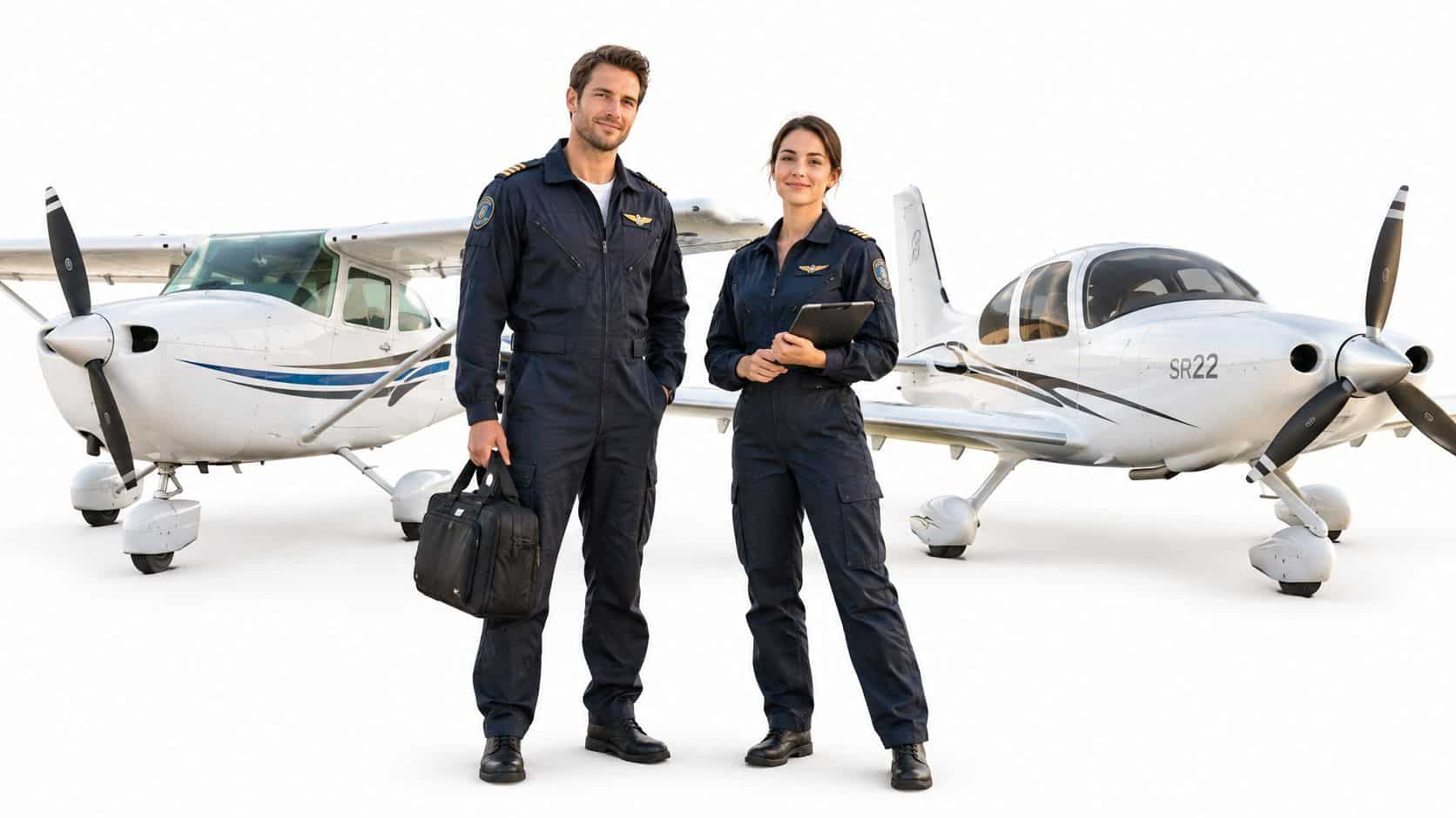 CFI vs CFII Explained and How to Choose Your Path 3 A male and female flight instructor standing in front of two small aircraft wearing flight suits.