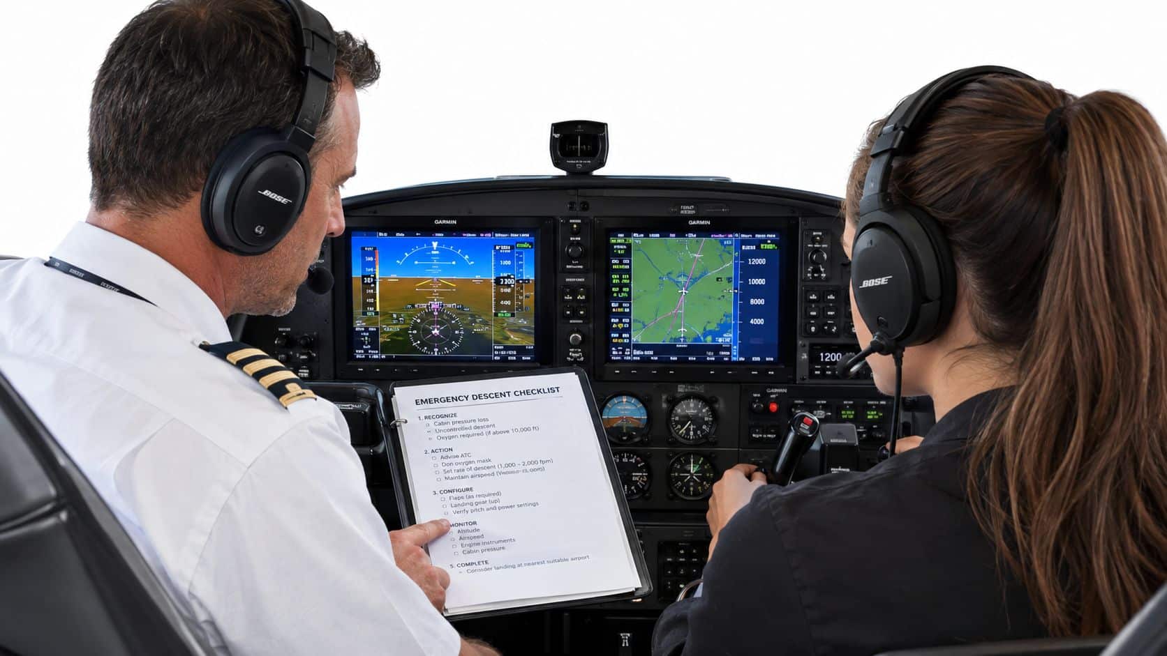 Emergency Descent Procedures How to Fly Them Safely 4 A pilot and co-pilot in an airplane cockpit reviewing an emergency descent checklist together.