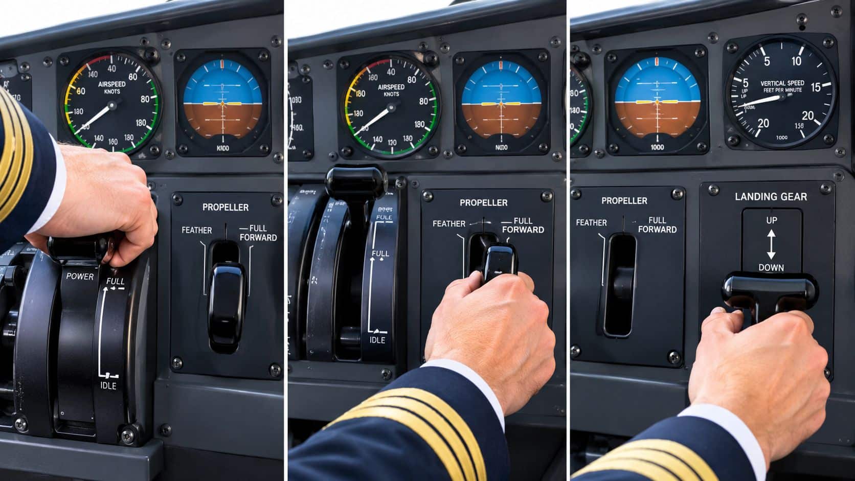 Emergency Descent Procedures How to Fly Them Safely 3 A composite image showing a pilot's hand manipulating power, propeller, and landing gear controls in a cockpit.