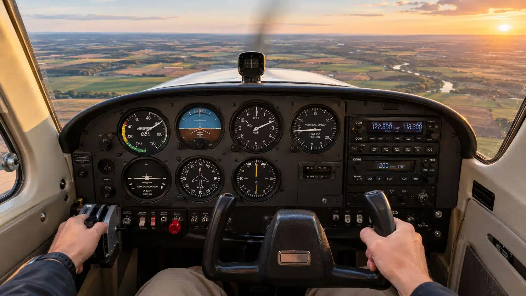 Engine Failure Procedures Every Pilot Should Master 3 A pilot's perspective inside a small airplane cockpit during a sunset flight over rural landscapes.