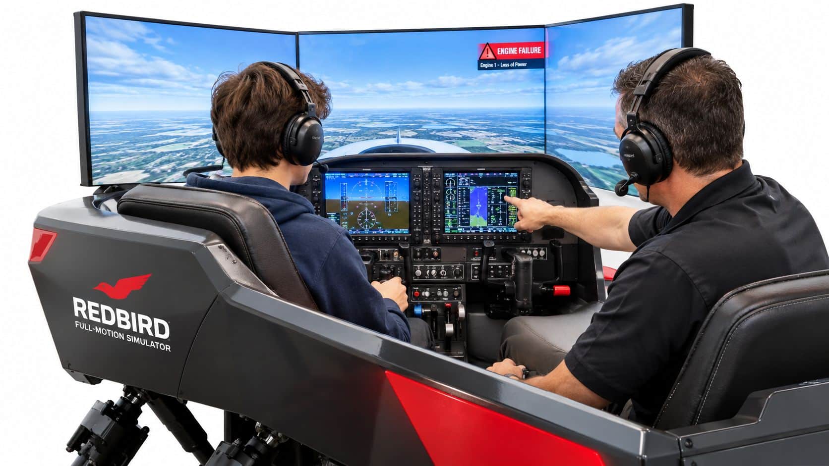 Engine Failure Procedures Every Pilot Should Master 4 An instructor guiding a student pilot in a Redbird full-motion flight simulator during engine failure emergency training.