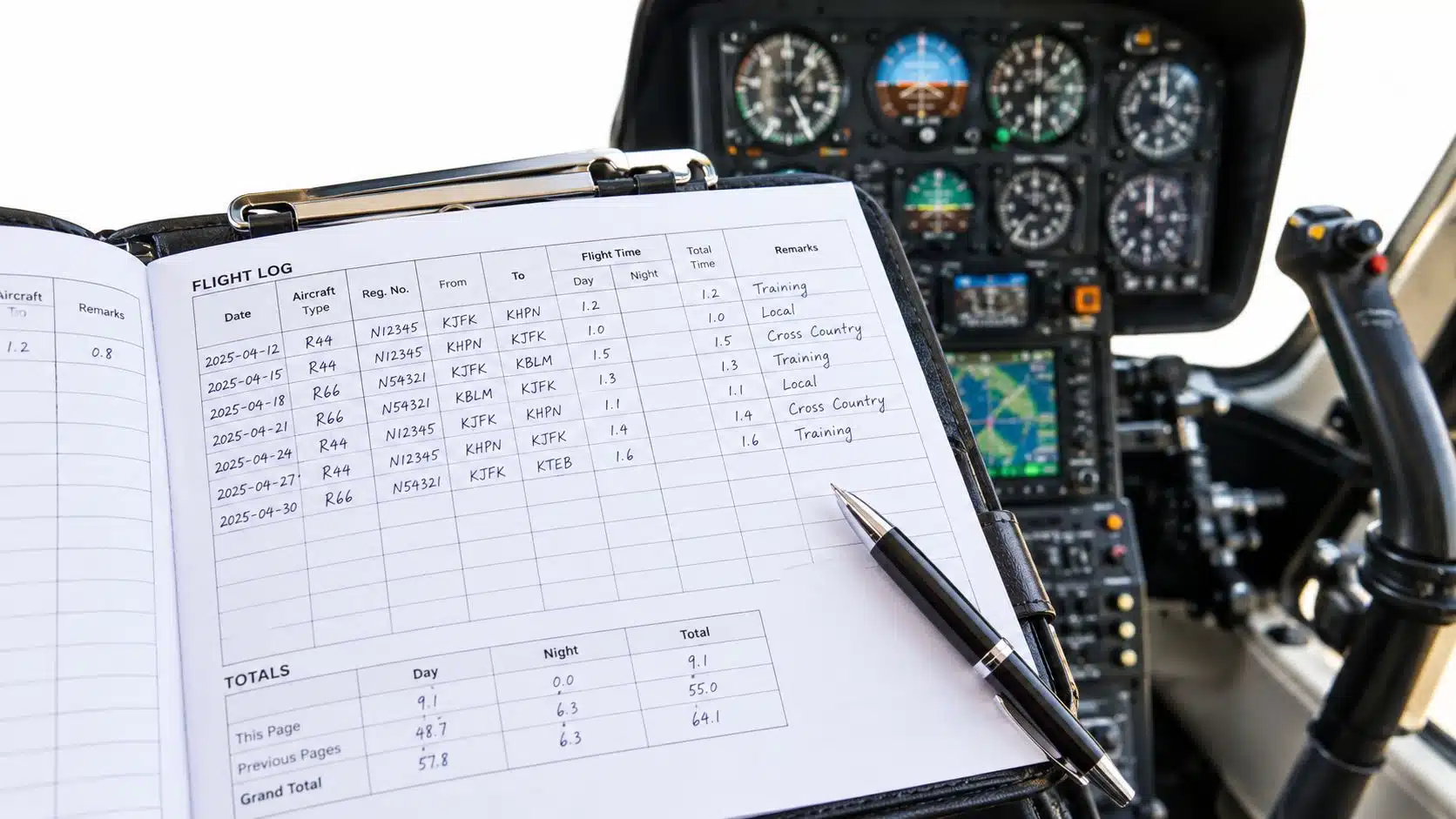 Helicopter Add on Rating Cost Guide for Pilots 3 A close-up view of a handwritten flight logbook resting inside a helicopter cockpit with instruments.