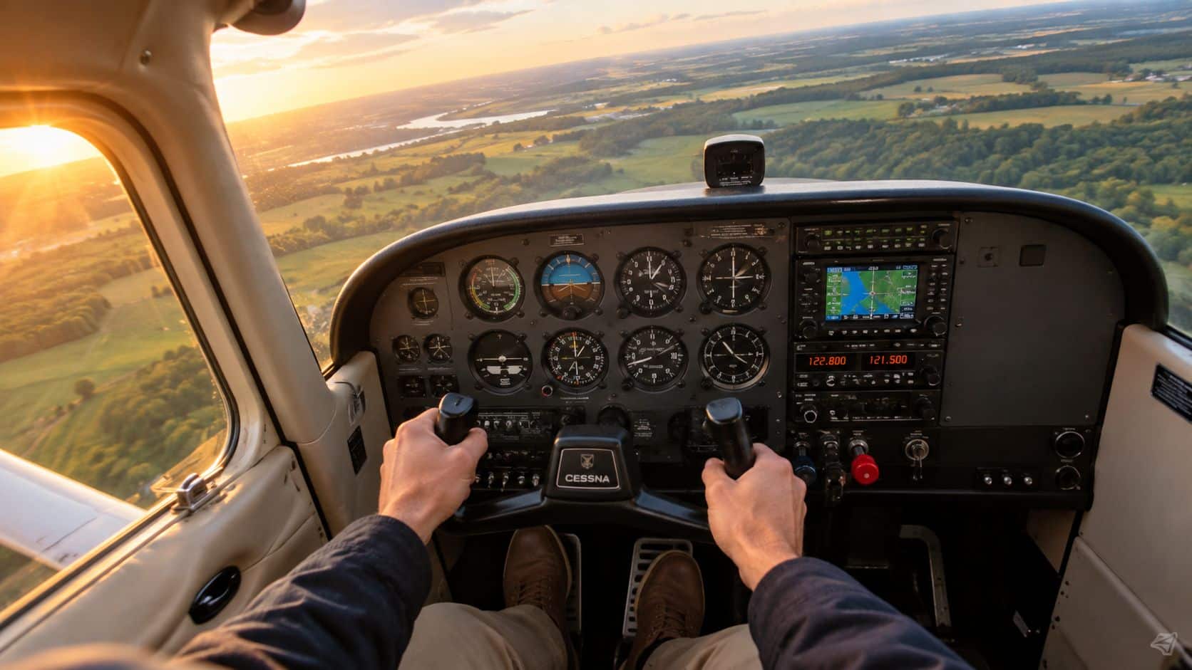 How to Improve Coordination Skills: A Pilot's Guide 2 A view from the cockpit of a Cessna airplane as a pilot maneuvers the control yoke during sunset.